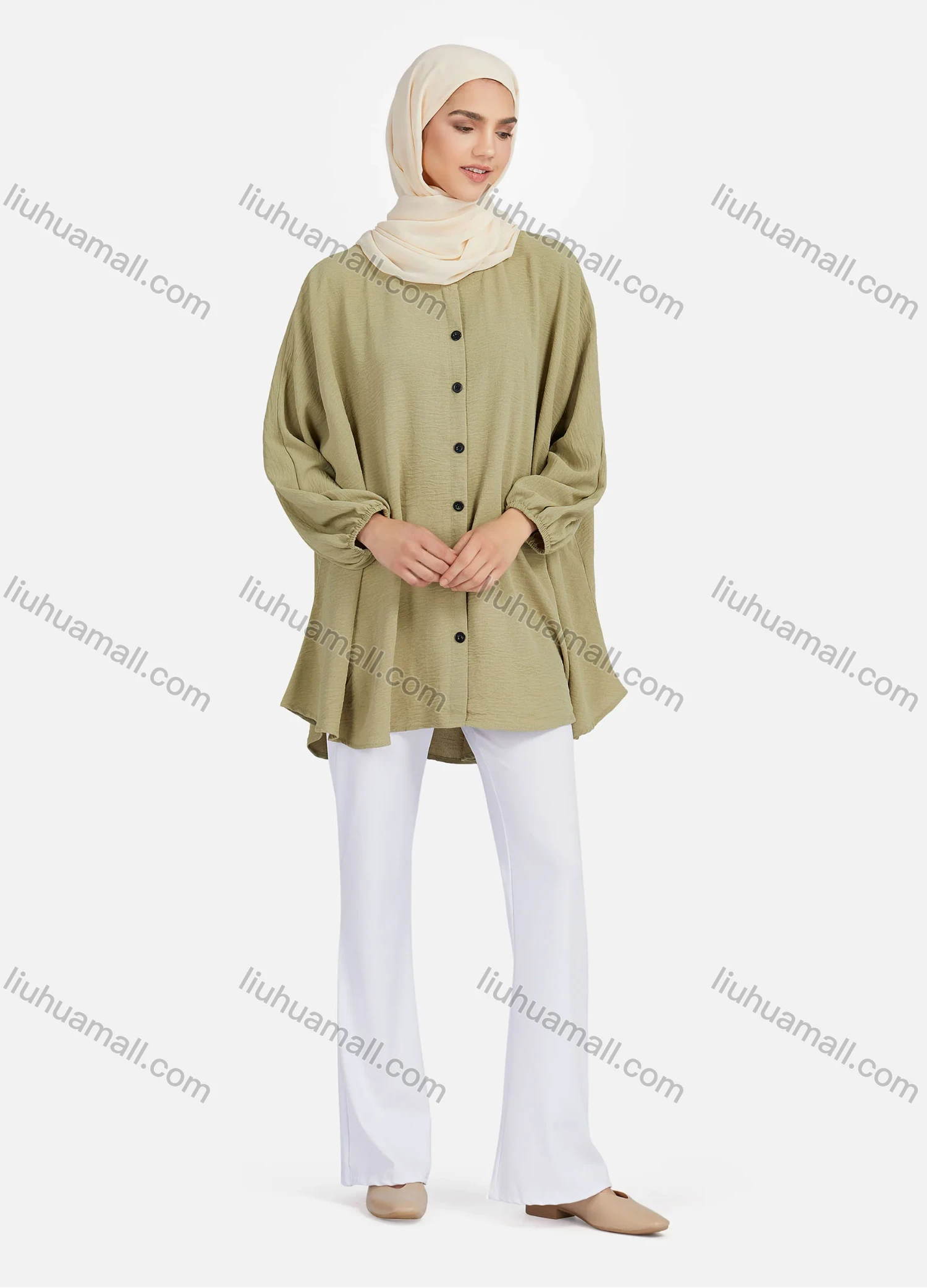 Wholesale Women's Casual Plain Ruched Buttons Down Long Sleeve Blouse 1371# - Liuhuamall