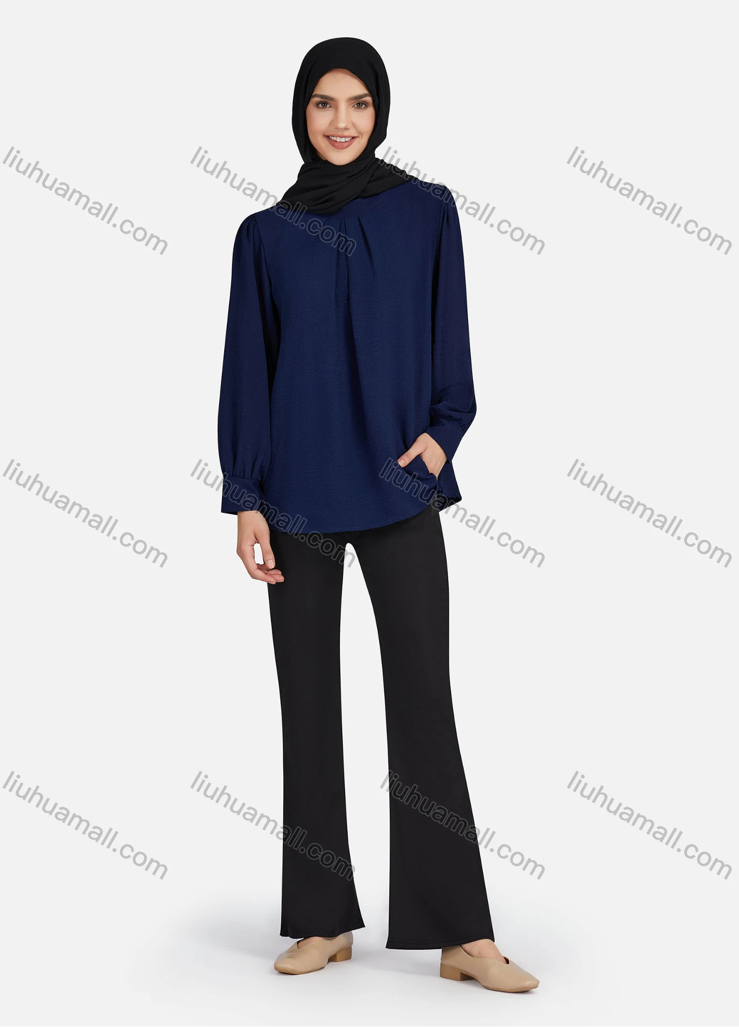 Wholesale Women's Casual Plain Mock Neck Key-hole Long Sleeve Blouse 1374# - Liuhuamall