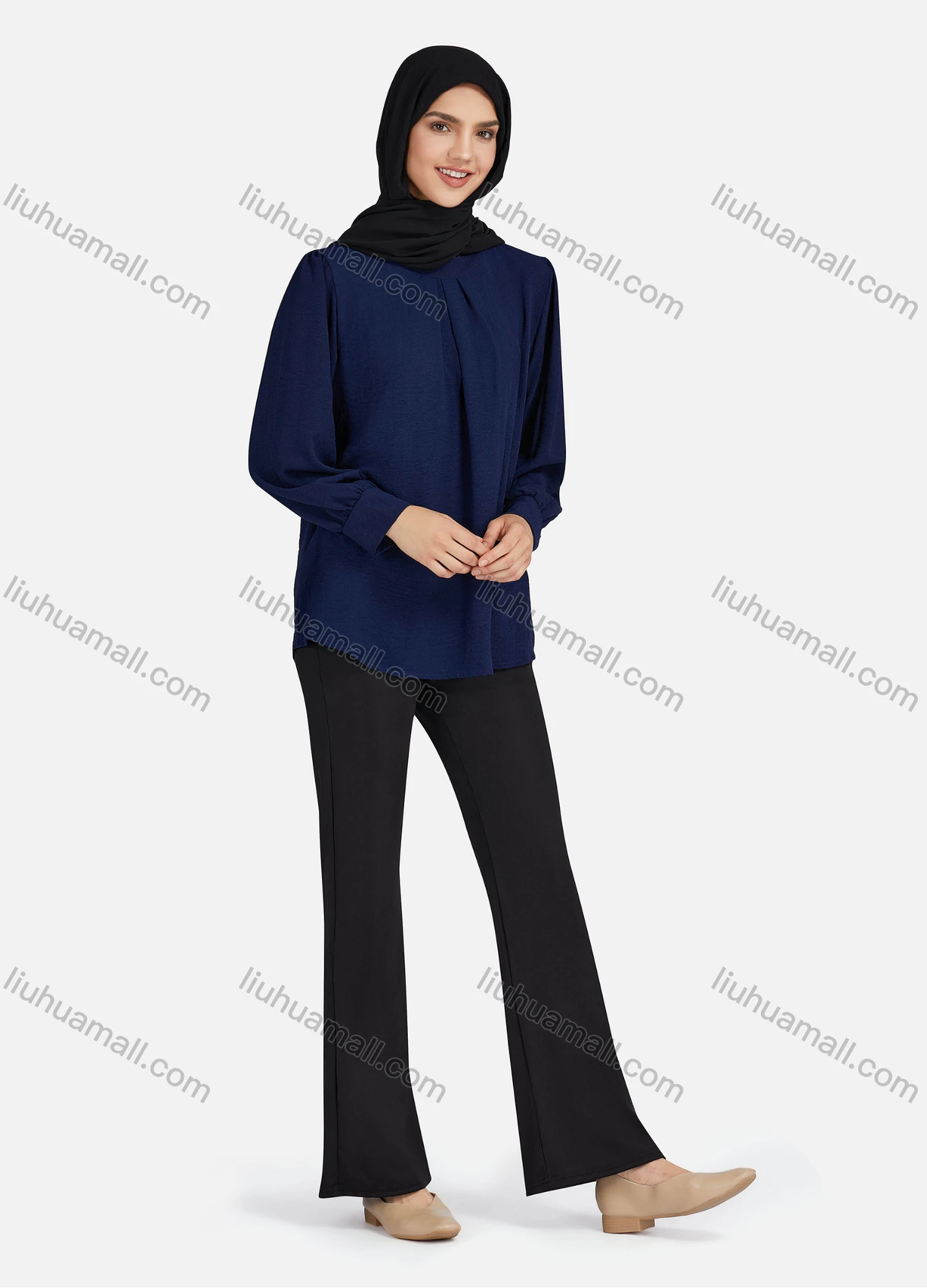 Wholesale Women's Casual Plain Mock Neck Key-hole Long Sleeve Blouse 1374# - Liuhuamall