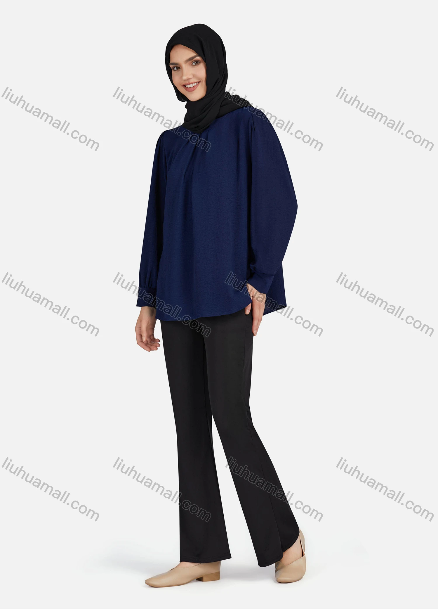 Wholesale Women's Casual Plain Mock Neck Key-hole Long Sleeve Blouse 1374# - Liuhuamall