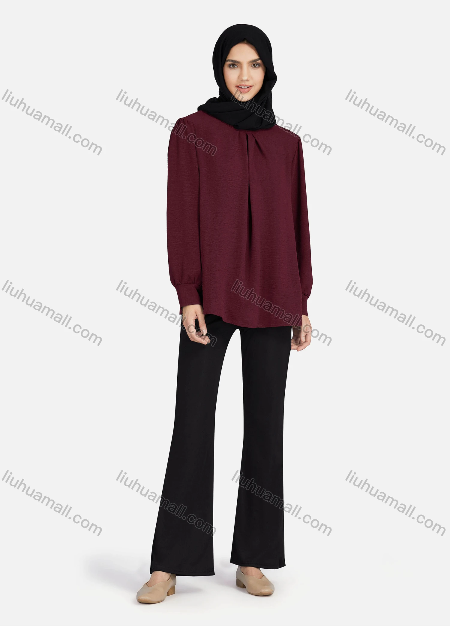 Wholesale Women's Casual Plain Mock Neck Key-hole Long Sleeve Blouse 1374# - Liuhuamall