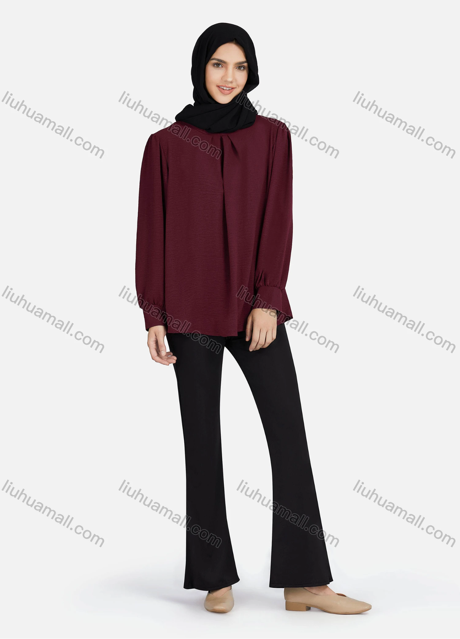 Wholesale Women's Casual Plain Mock Neck Key-hole Long Sleeve Blouse 1374# - Liuhuamall