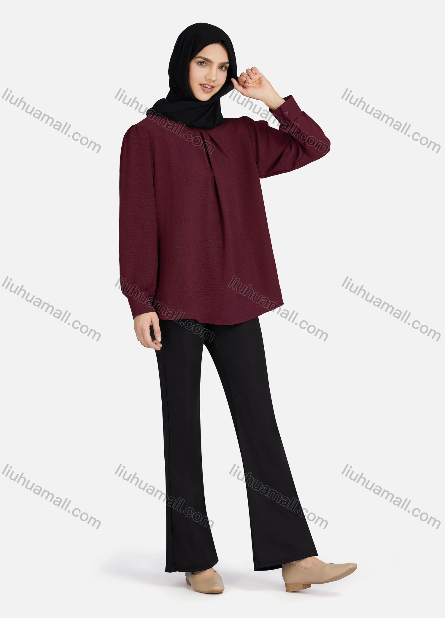 Wholesale Women's Casual Plain Mock Neck Key-hole Long Sleeve Blouse 1374# - Liuhuamall