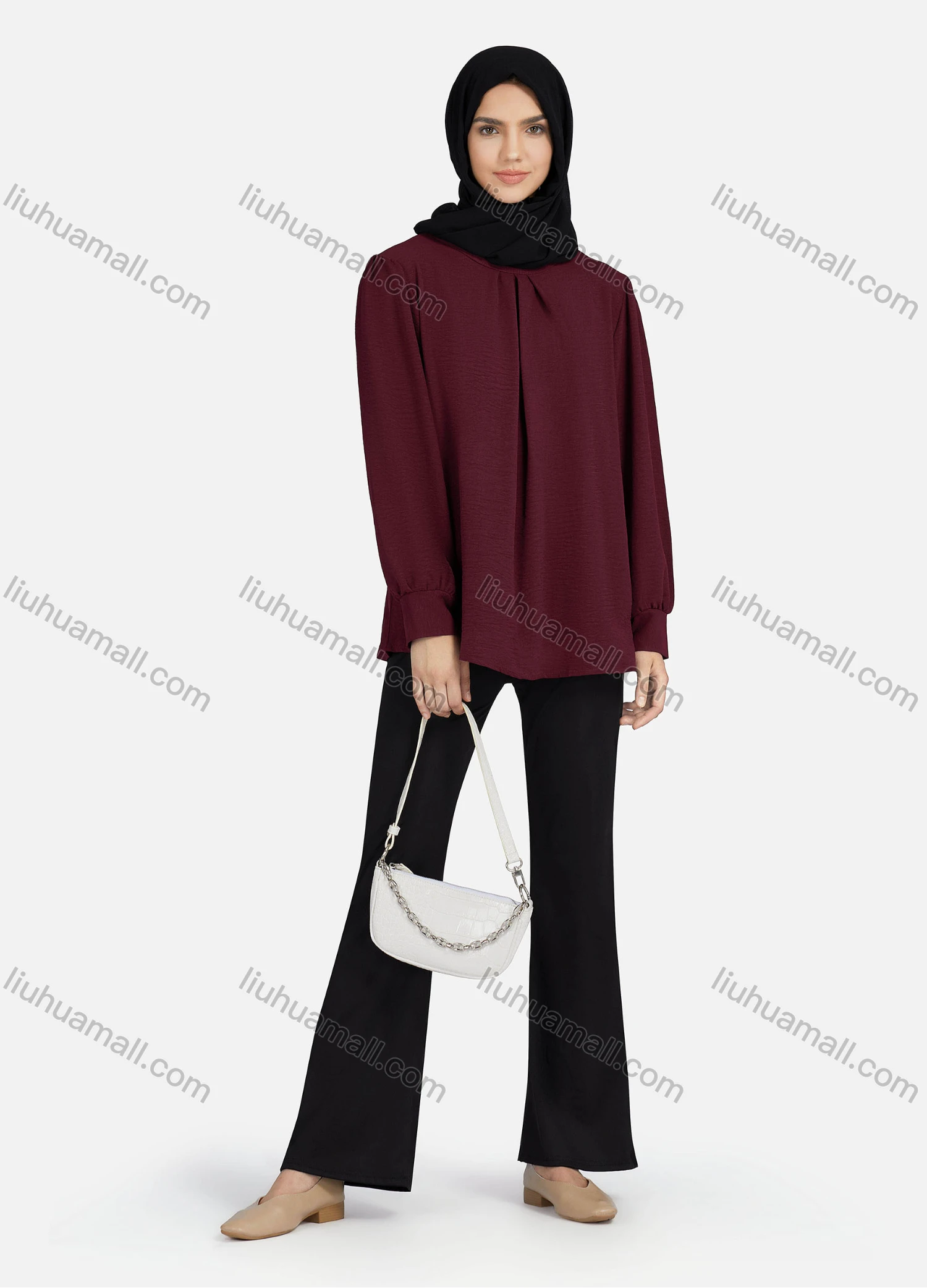 Wholesale Women's Casual Plain Mock Neck Key-hole Long Sleeve Blouse 1374# - Liuhuamall