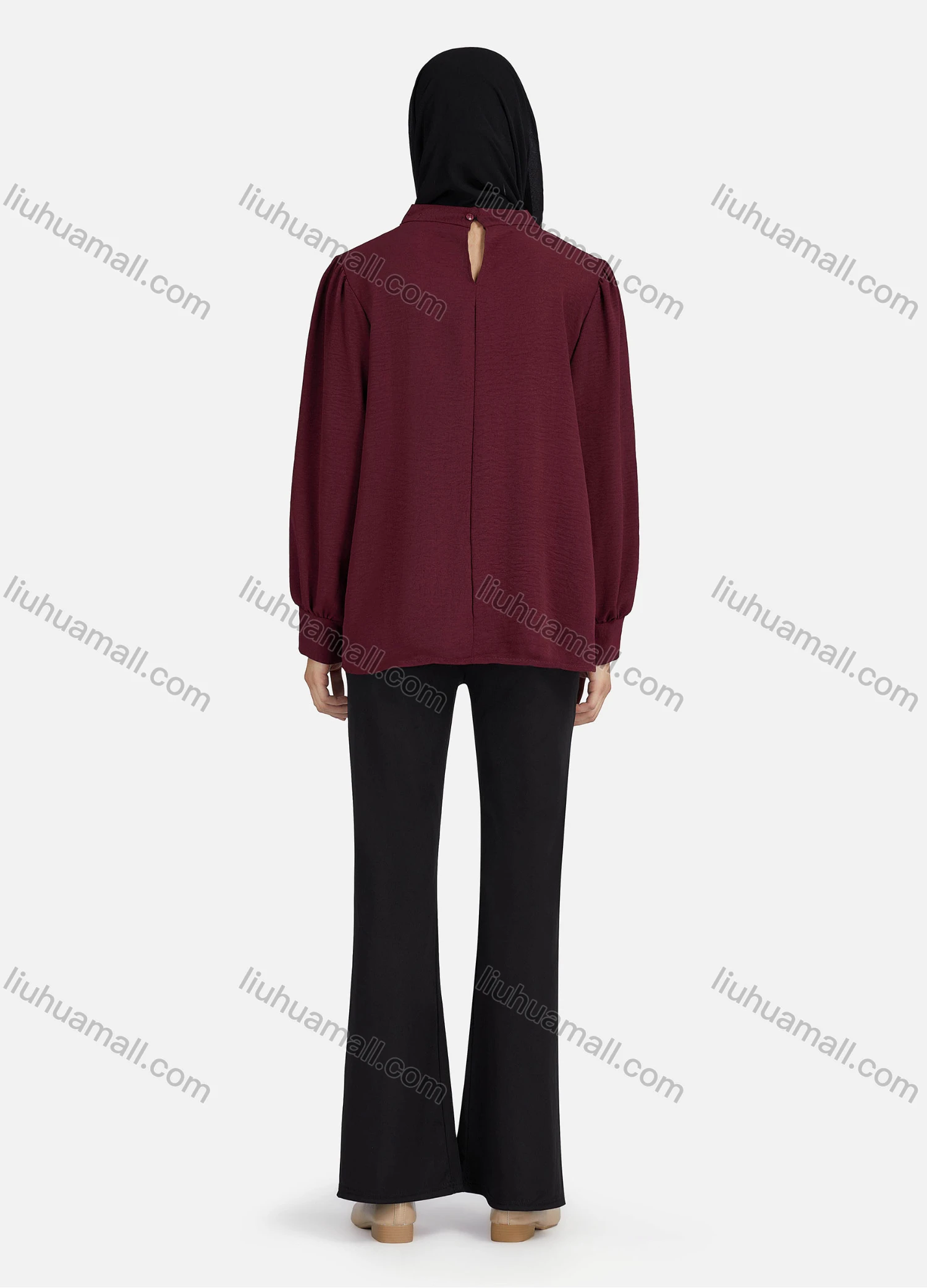 Wholesale Women's Casual Plain Mock Neck Key-hole Long Sleeve Blouse 1374# - Liuhuamall
