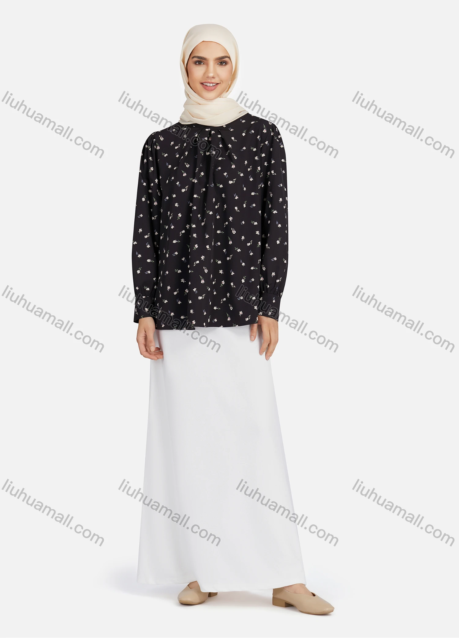 Wholesale Women's Casual Floral Print Mock Neck Key-hole Long Sleeve Blouse 1375# - Liuhuamall