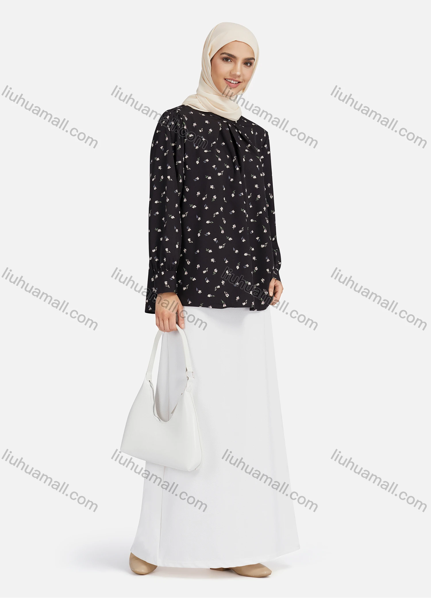 Wholesale Women's Casual Floral Print Mock Neck Key-hole Long Sleeve Blouse 1375# - Liuhuamall