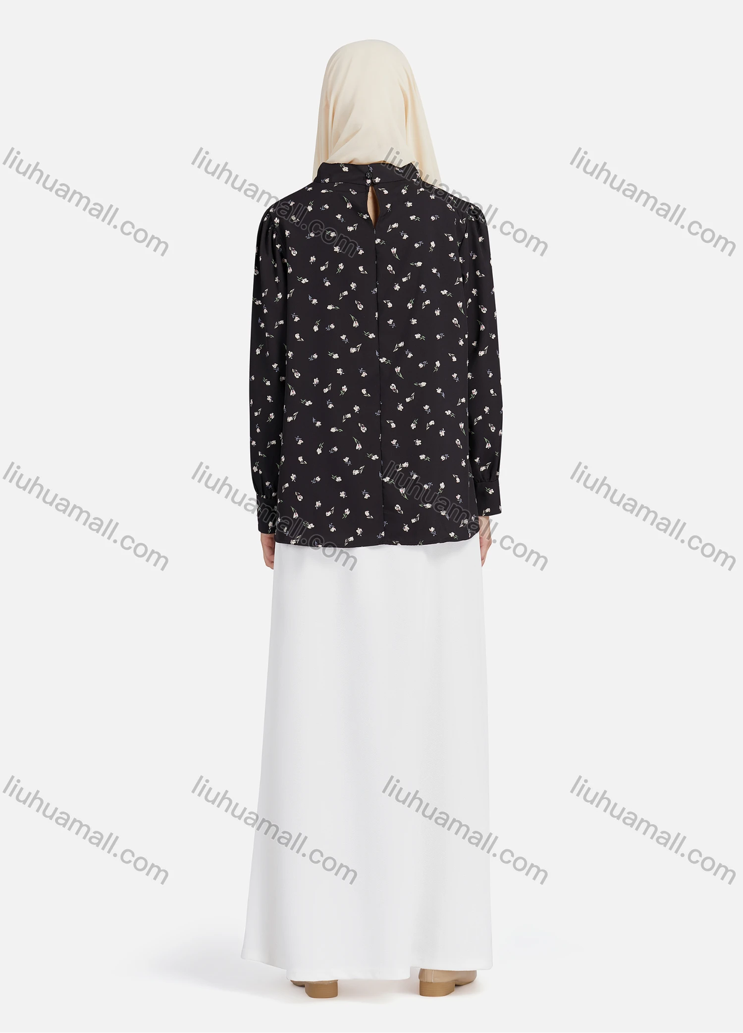 Wholesale Women's Casual Floral Print Mock Neck Key-hole Long Sleeve Blouse 1375# - Liuhuamall