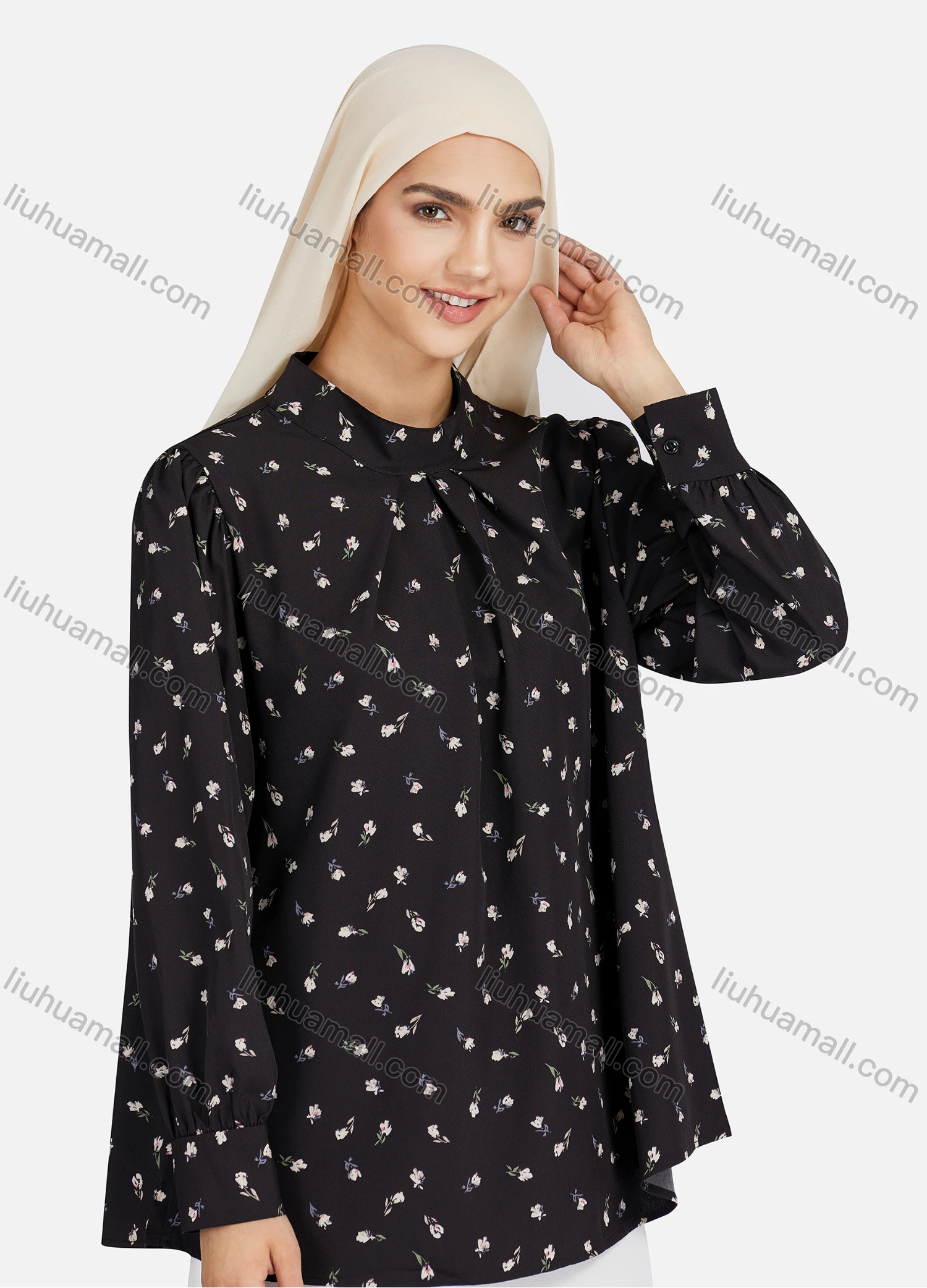 Wholesale Women's Casual Floral Print Mock Neck Key-hole Long Sleeve Blouse 1375# - Liuhuamall