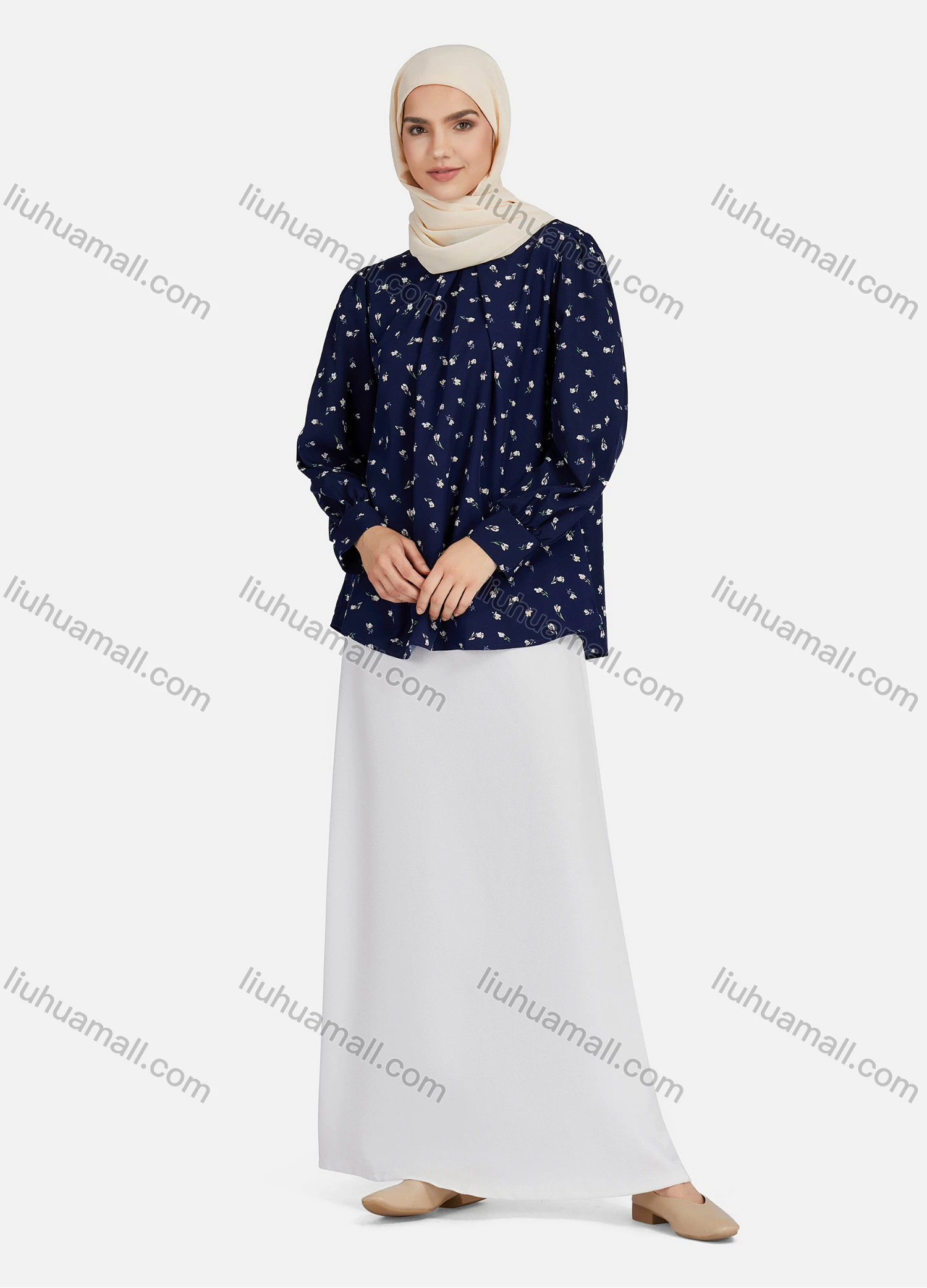 Wholesale Women's Casual Floral Print Mock Neck Key-hole Long Sleeve Blouse 1375# - Liuhuamall