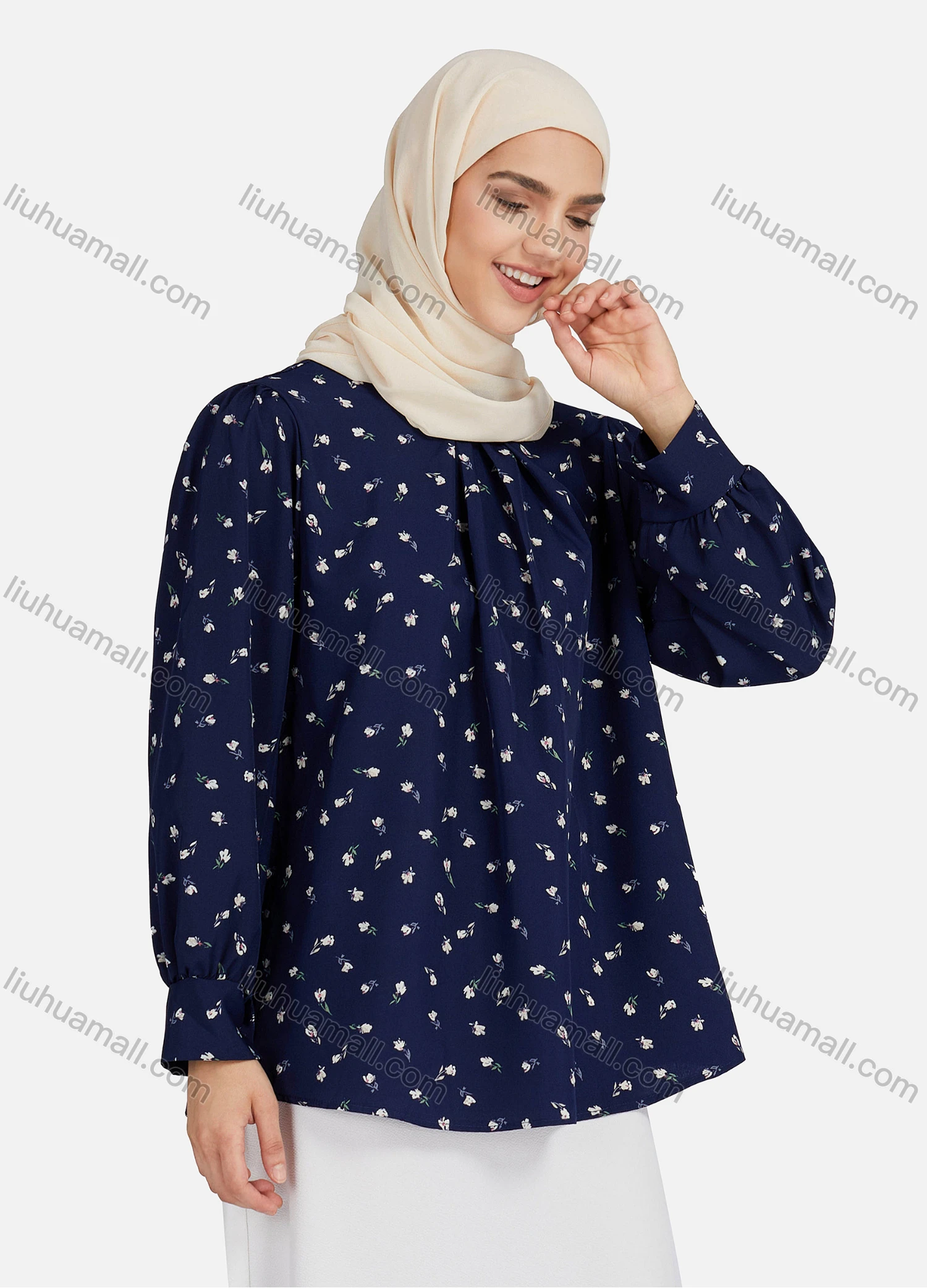 Wholesale Women's Casual Floral Print Mock Neck Key-hole Long Sleeve Blouse 1375# - Liuhuamall