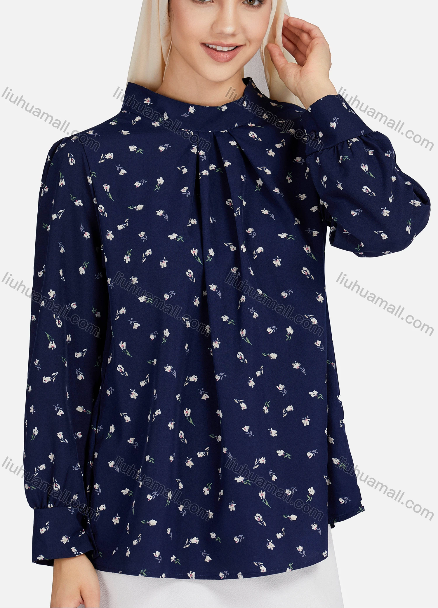 Wholesale Women's Casual Floral Print Mock Neck Key-hole Long Sleeve Blouse 1375# - Liuhuamall