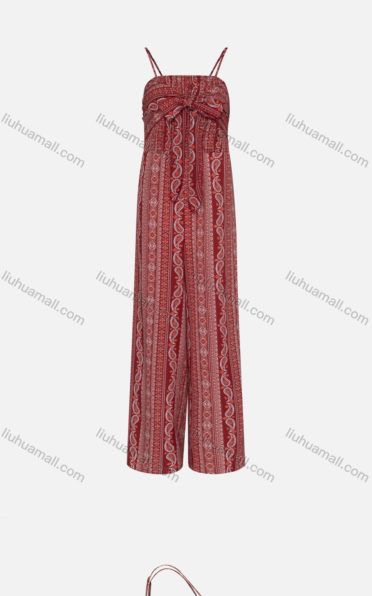 Wholesale Women's Vintage Spaghetti Strap Bow Knot Paisley Folk Art Jumpsuit 320# - Liuhuamall