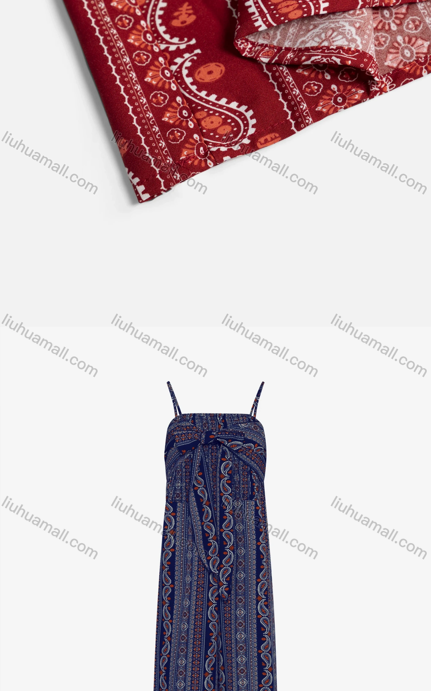 Wholesale Women's Vintage Spaghetti Strap Bow Knot Paisley Folk Art Jumpsuit 320# - Liuhuamall