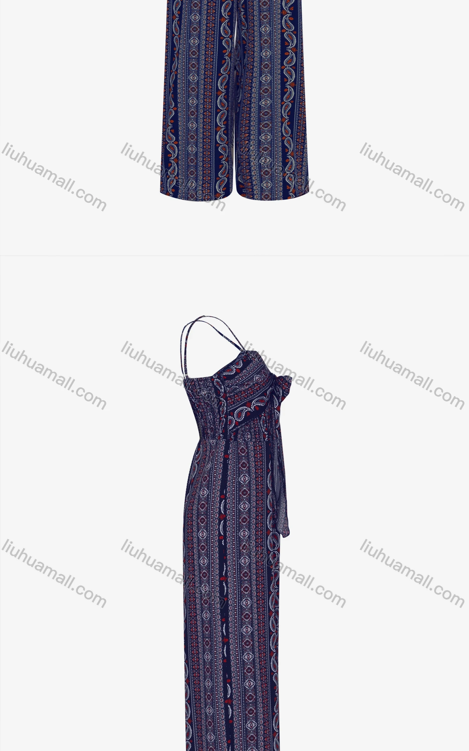 Wholesale Women's Vintage Spaghetti Strap Bow Knot Paisley Folk Art Jumpsuit 320# - Liuhuamall