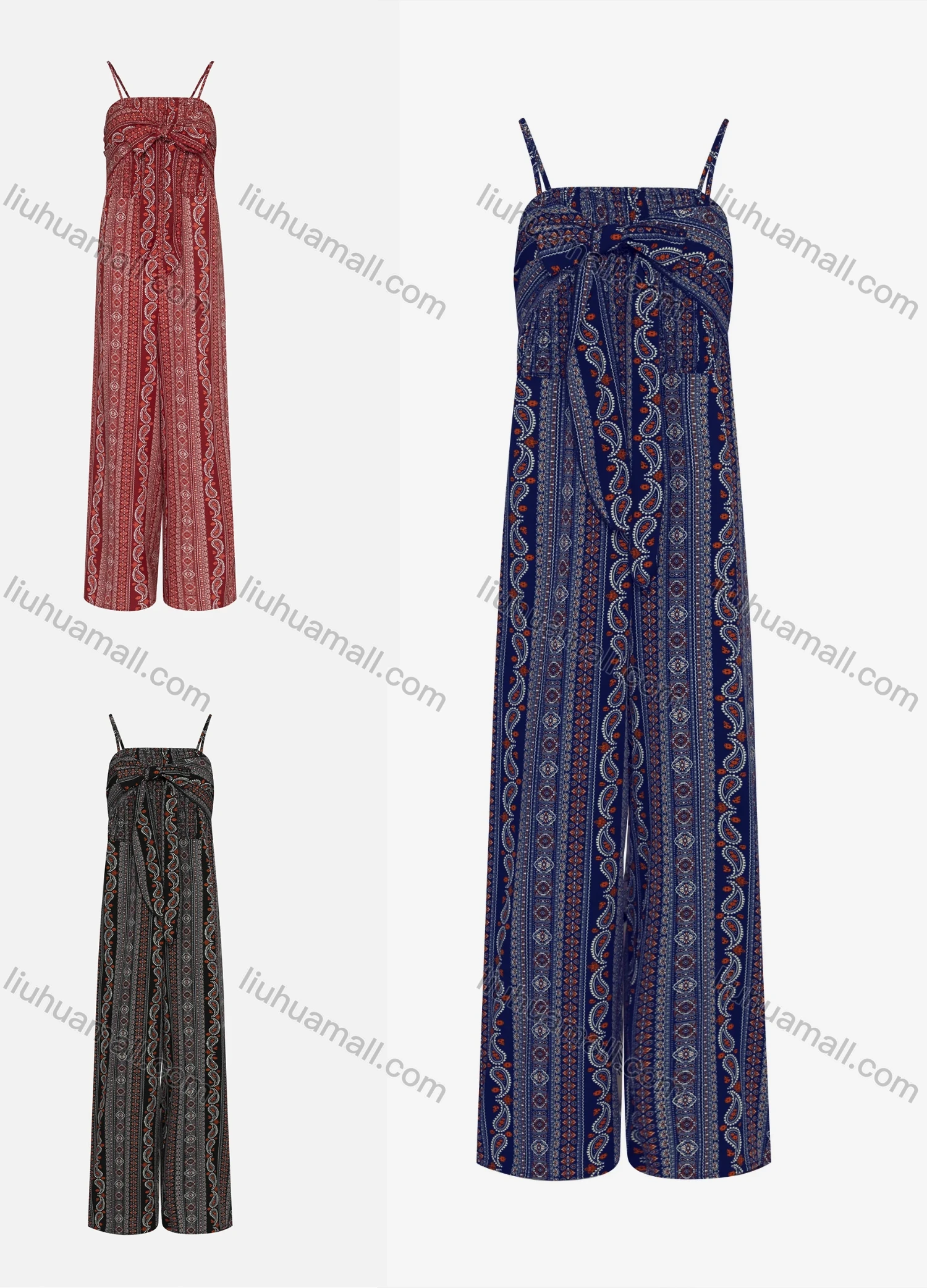 Wholesale Women's Vintage Spaghetti Strap Bow Knot Paisley Folk Art Jumpsuit 320# - Liuhuamall