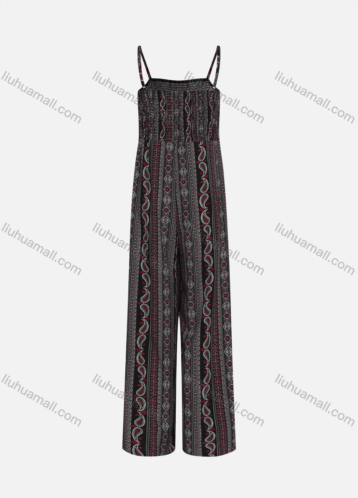 Wholesale Women's Vintage Spaghetti Strap Bow Knot Paisley Folk Art Jumpsuit 320# - Liuhuamall
