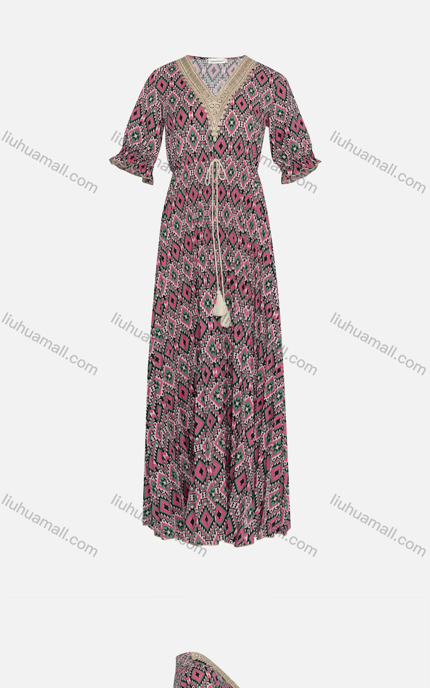 Wholesale Women's Vintage V Neck Long Sleeve Geo Print Tassel Embroidered Midi Dress 202325# - Liuhuamall