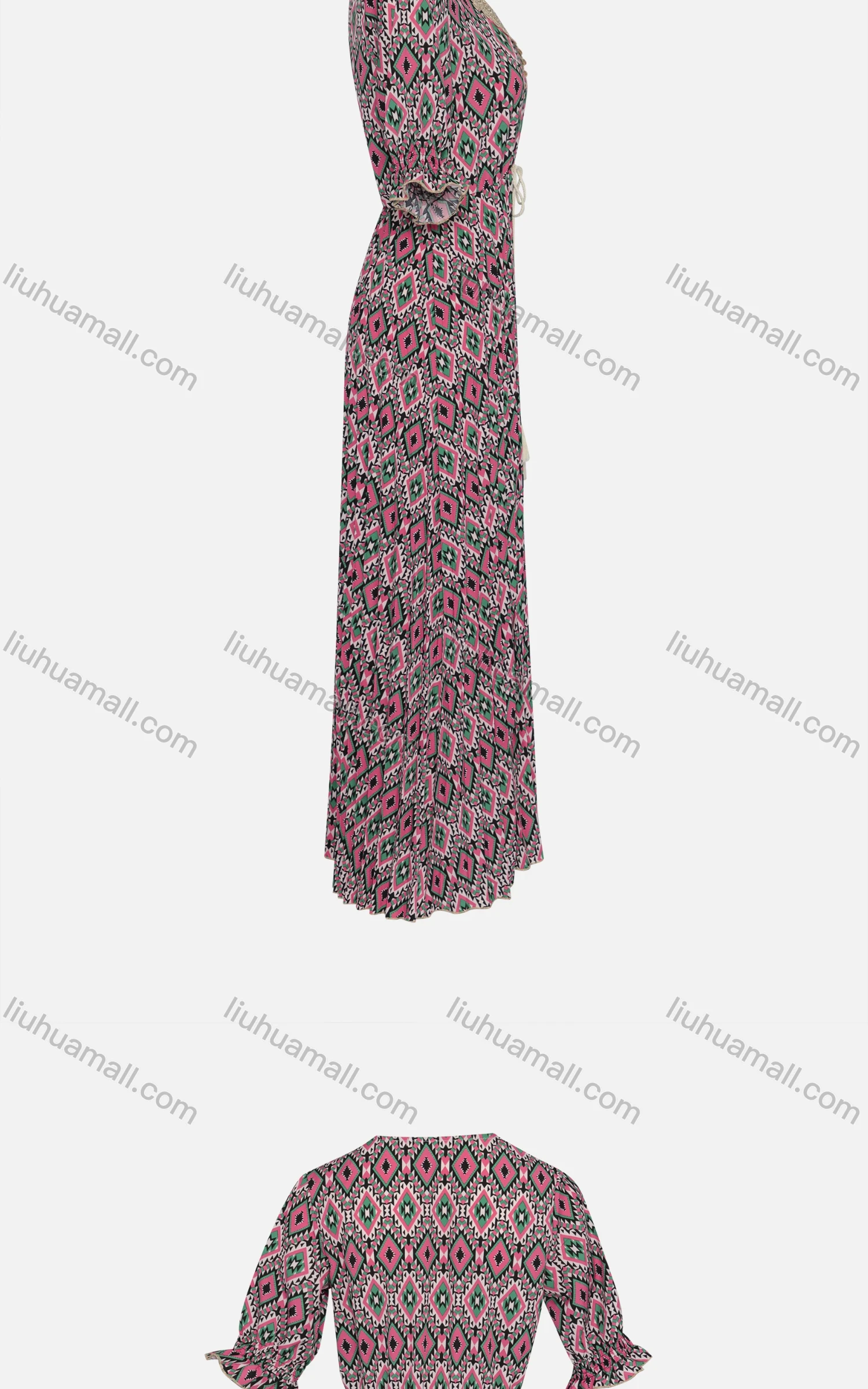 Wholesale Women's Vintage V Neck Long Sleeve Geo Print Tassel Embroidered Midi Dress 202325# - Liuhuamall