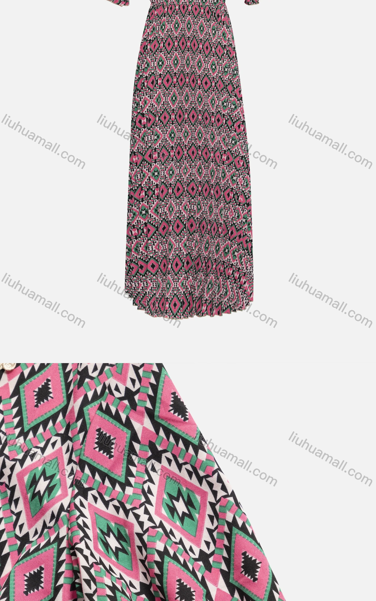 Wholesale Women's Vintage V Neck Long Sleeve Geo Print Tassel Embroidered Midi Dress 202325# - Liuhuamall