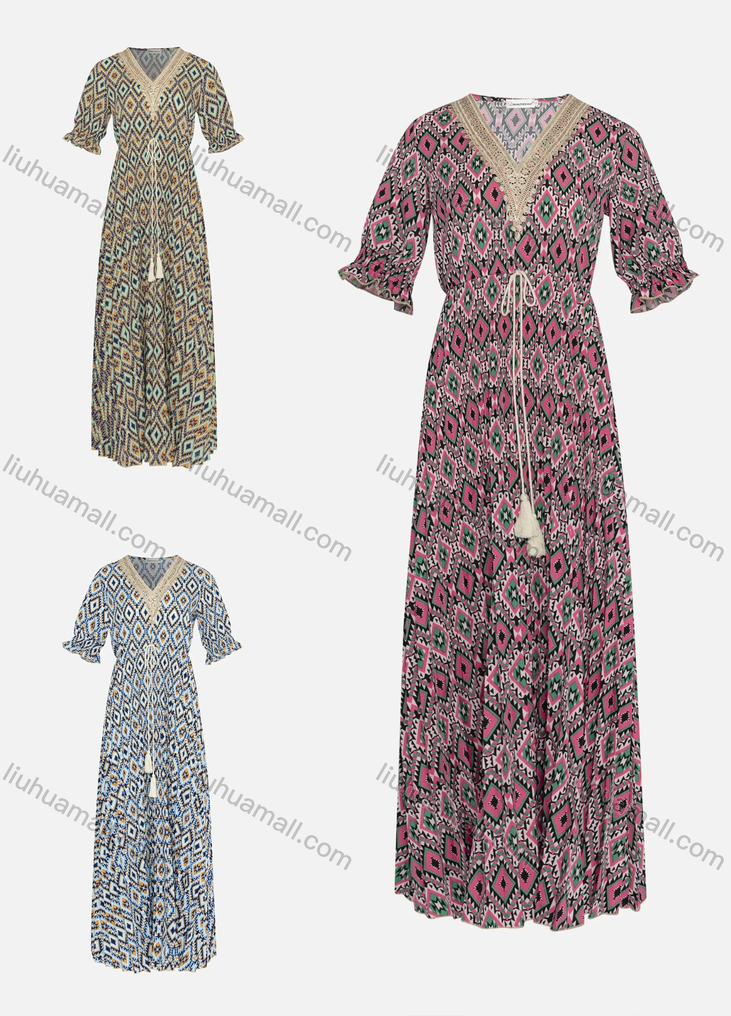 Wholesale Women's Vintage V Neck Long Sleeve Geo Print Tassel Embroidered Midi Dress 202325# - Liuhuamall