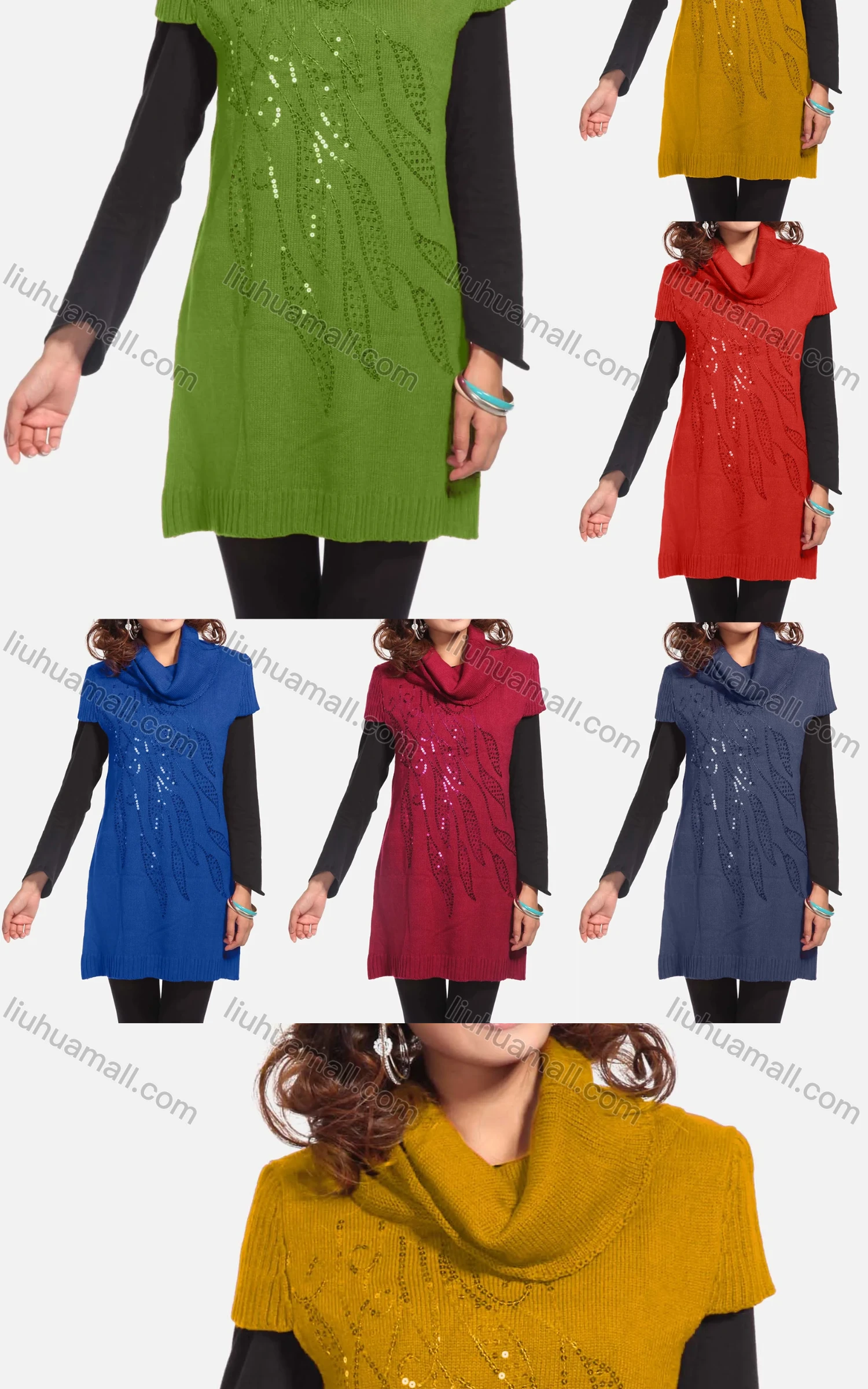 Wholesale Women's Casual Plain Turtleneck Beaded Sequin Knit Tunic 311# - Liuhuamall