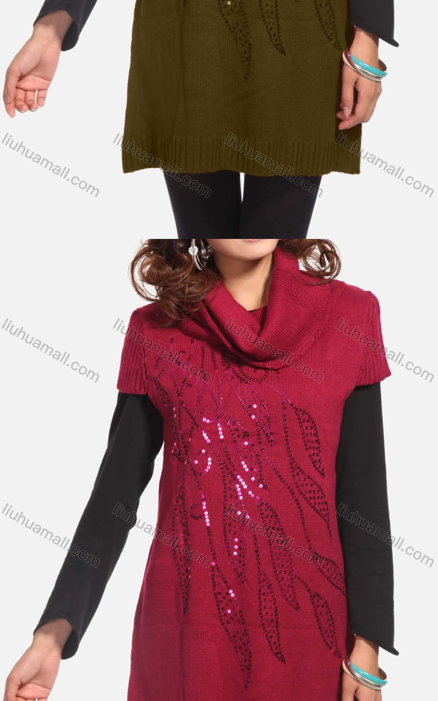 Wholesale Women's Casual Plain Turtleneck Beaded Sequin Knit Tunic 311# - Liuhuamall