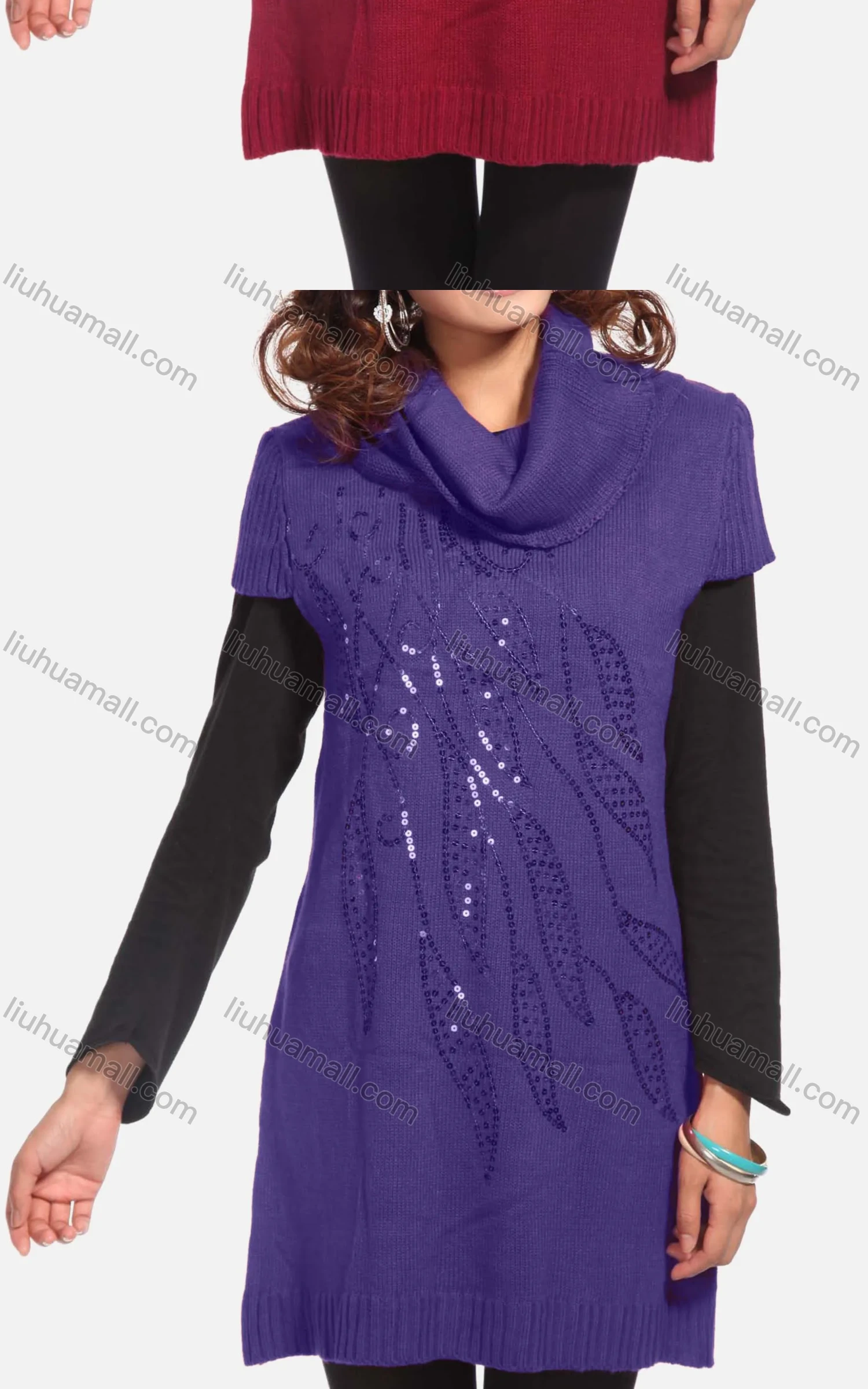 Wholesale Women's Casual Plain Turtleneck Beaded Sequin Knit Tunic 311# - Liuhuamall