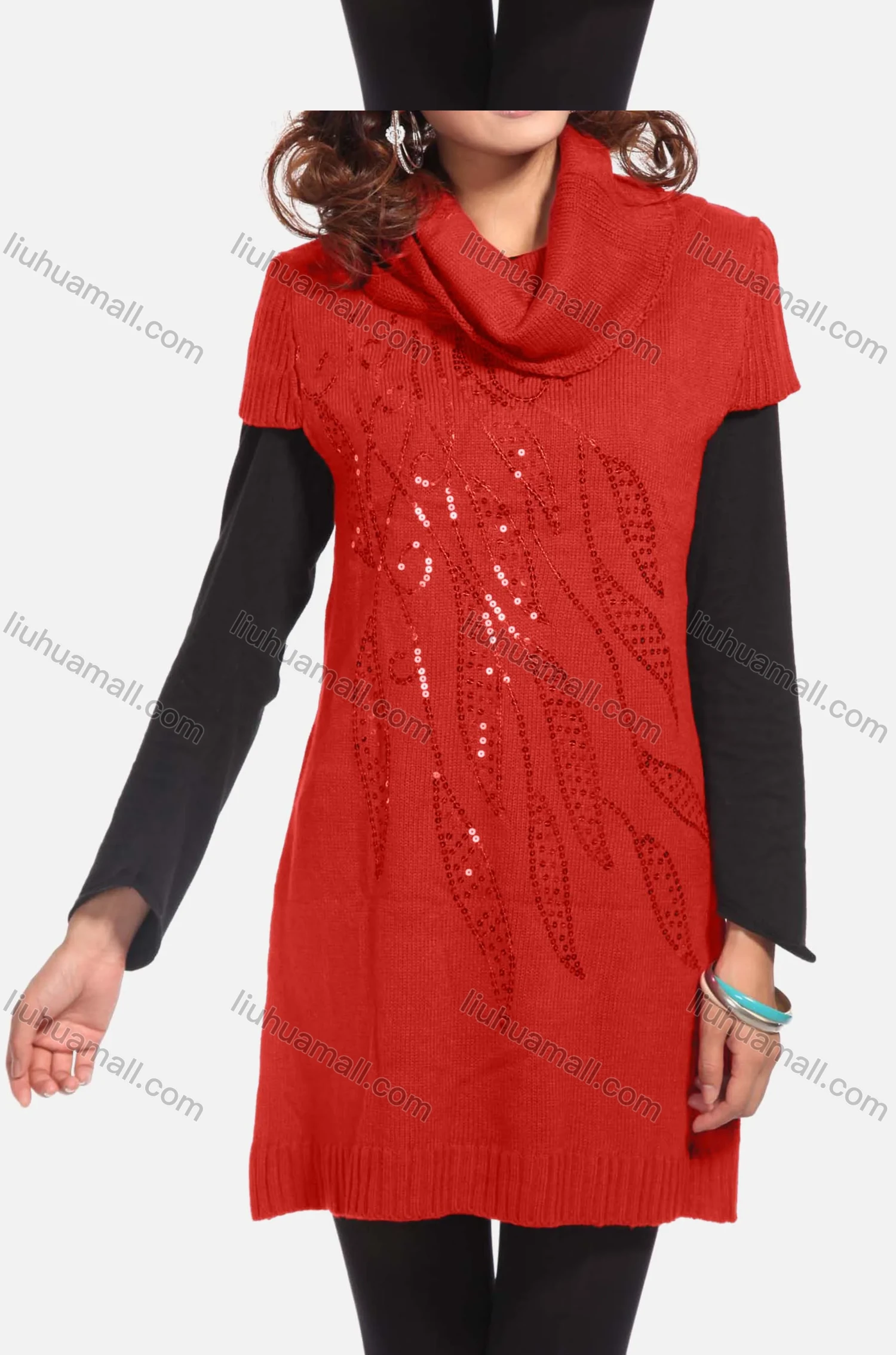 Wholesale Women's Casual Plain Turtleneck Beaded Sequin Knit Tunic 311# - Liuhuamall