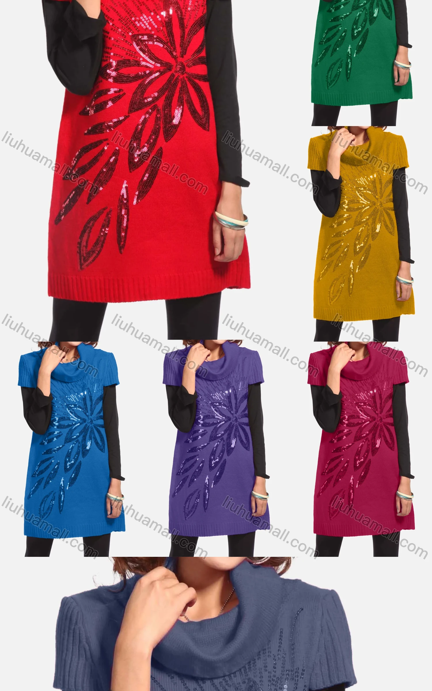Wholesale Women's Casual Short Sleeve Turtleneck Butterfly Sequin Knit Tunic 350# - Liuhuamall