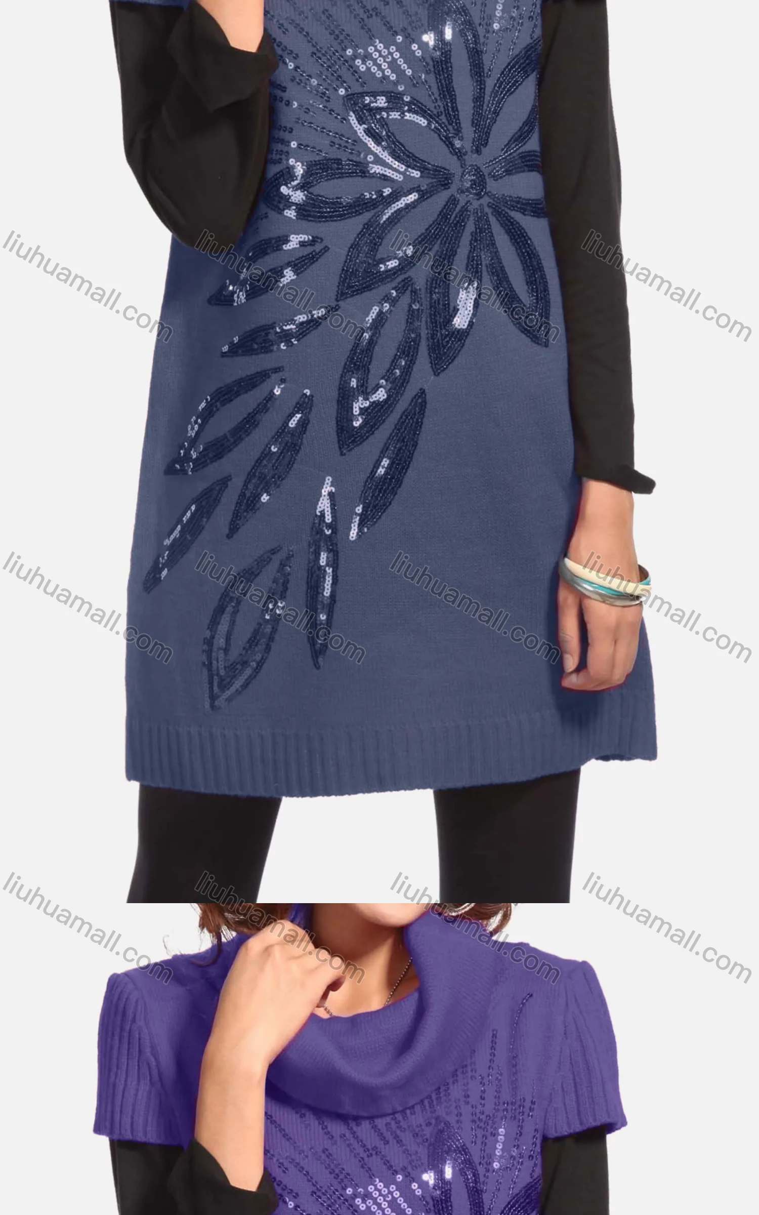 Wholesale Women's Casual Short Sleeve Turtleneck Butterfly Sequin Knit Tunic 350# - Liuhuamall