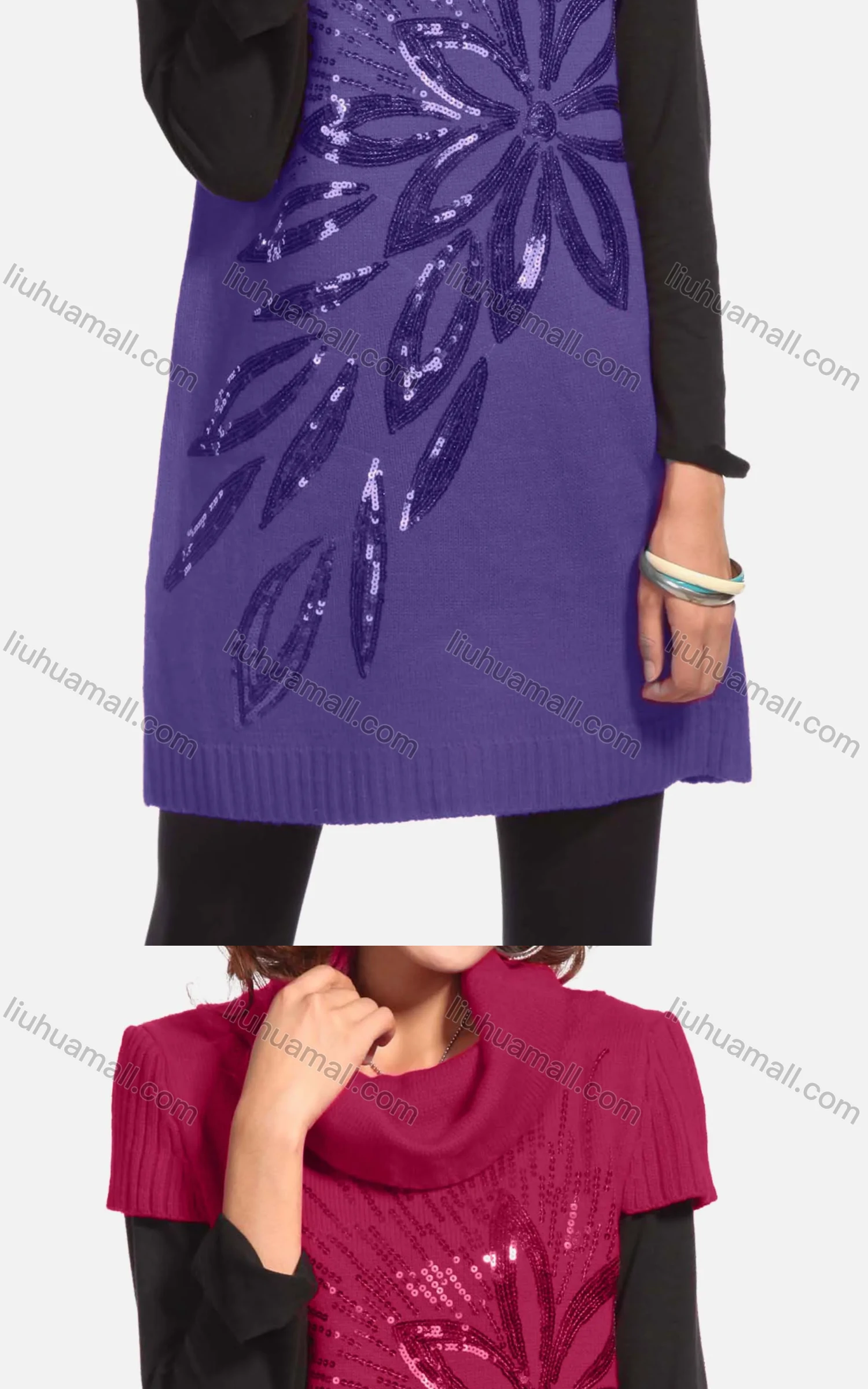 Wholesale Women's Casual Short Sleeve Turtleneck Butterfly Sequin Knit Tunic 350# - Liuhuamall