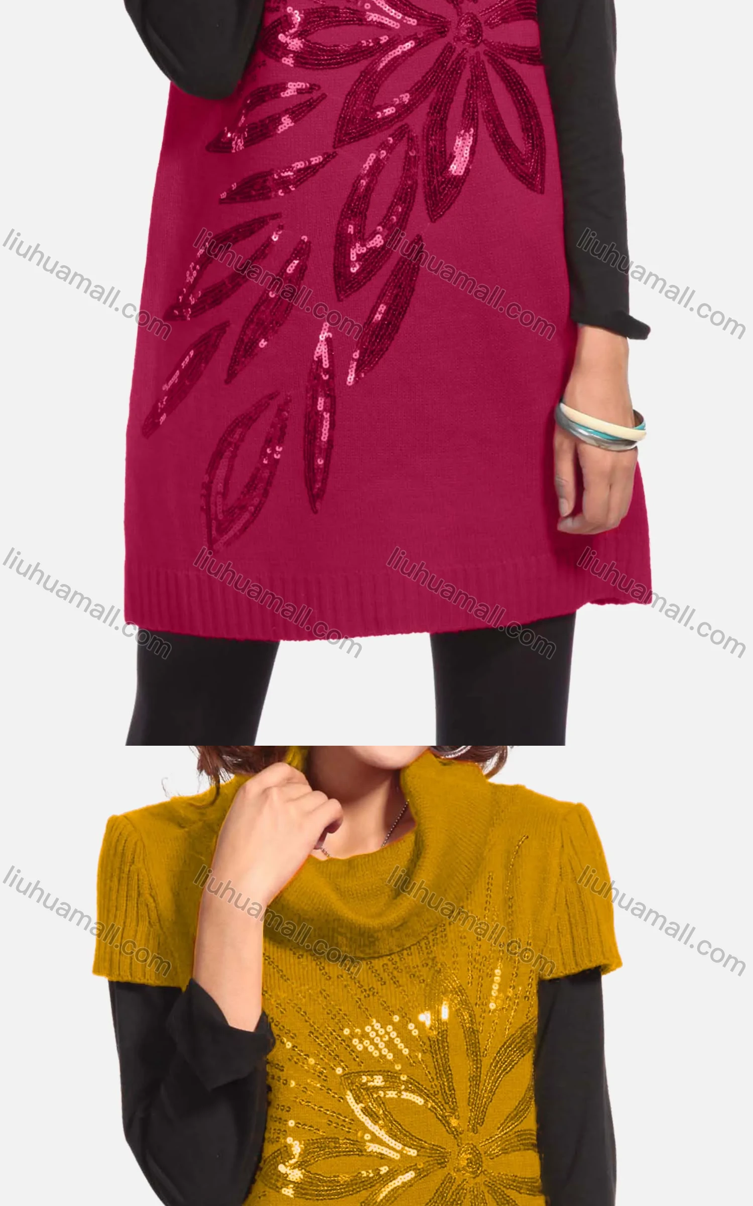 Wholesale Women's Casual Short Sleeve Turtleneck Butterfly Sequin Knit Tunic 350# - Liuhuamall