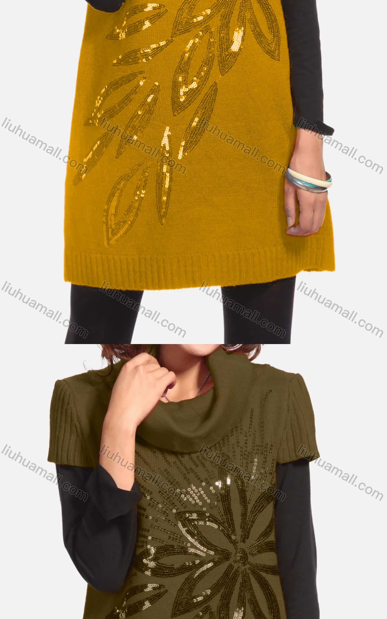 Wholesale Women's Casual Short Sleeve Turtleneck Butterfly Sequin Knit Tunic 350# - Liuhuamall