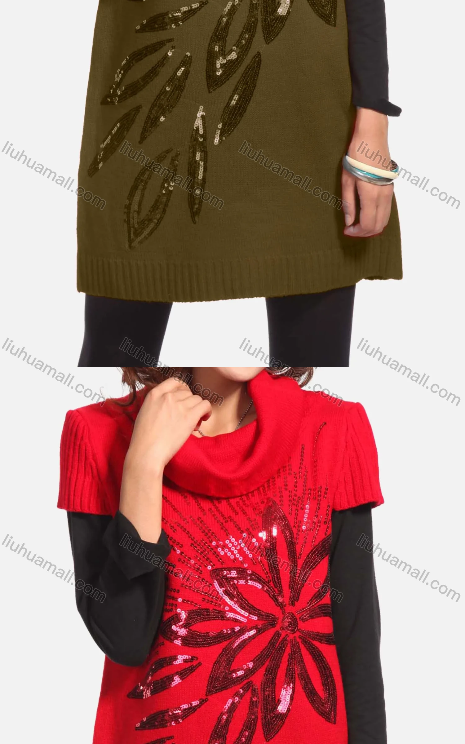 Wholesale Women's Casual Short Sleeve Turtleneck Butterfly Sequin Knit Tunic 350# - Liuhuamall