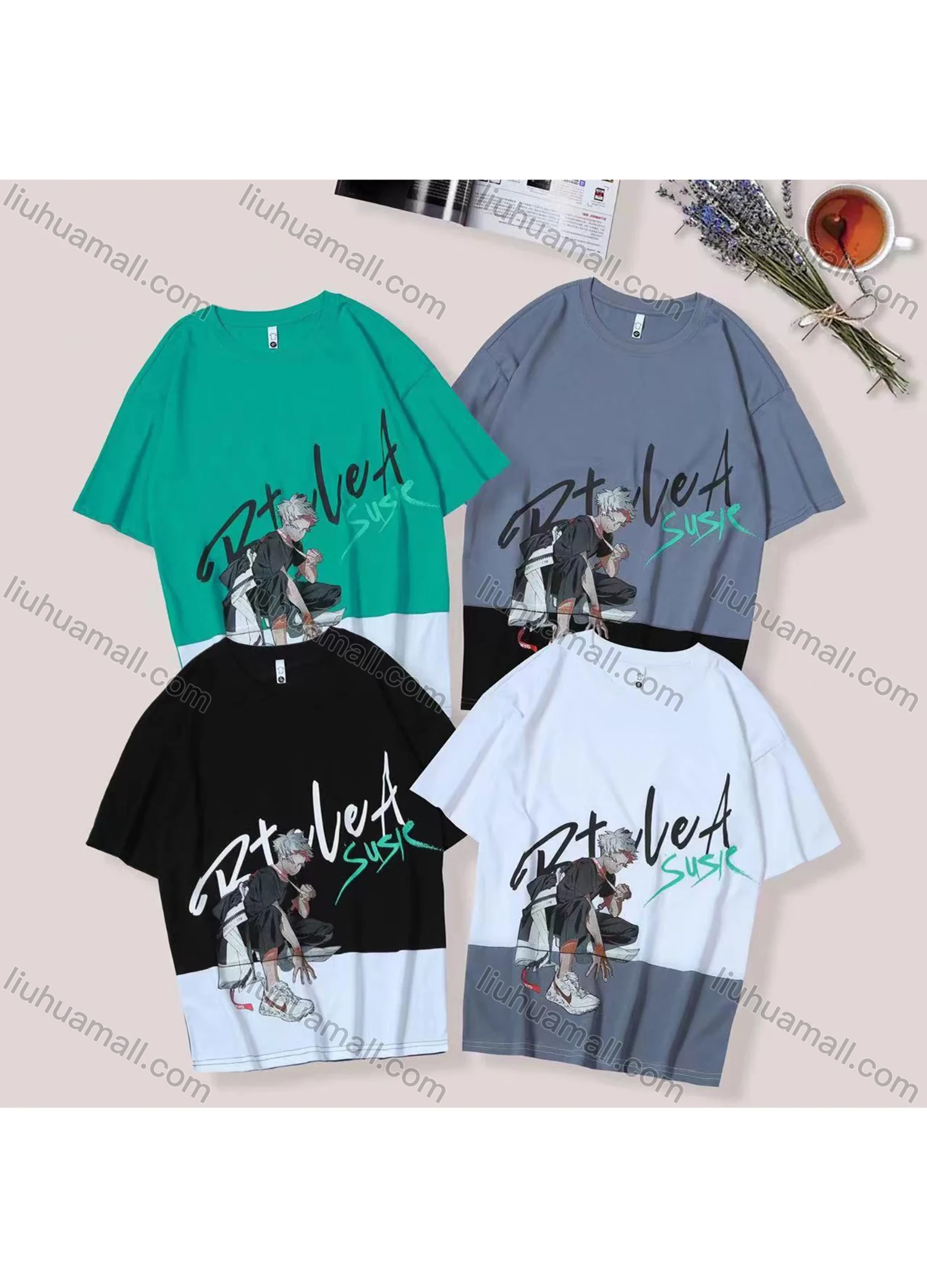 Wholesale Unisex's Men/Women Casual Colorblock Letter & Cartoon Print Round Neck Short Sleeve Tee - Liuhuamall