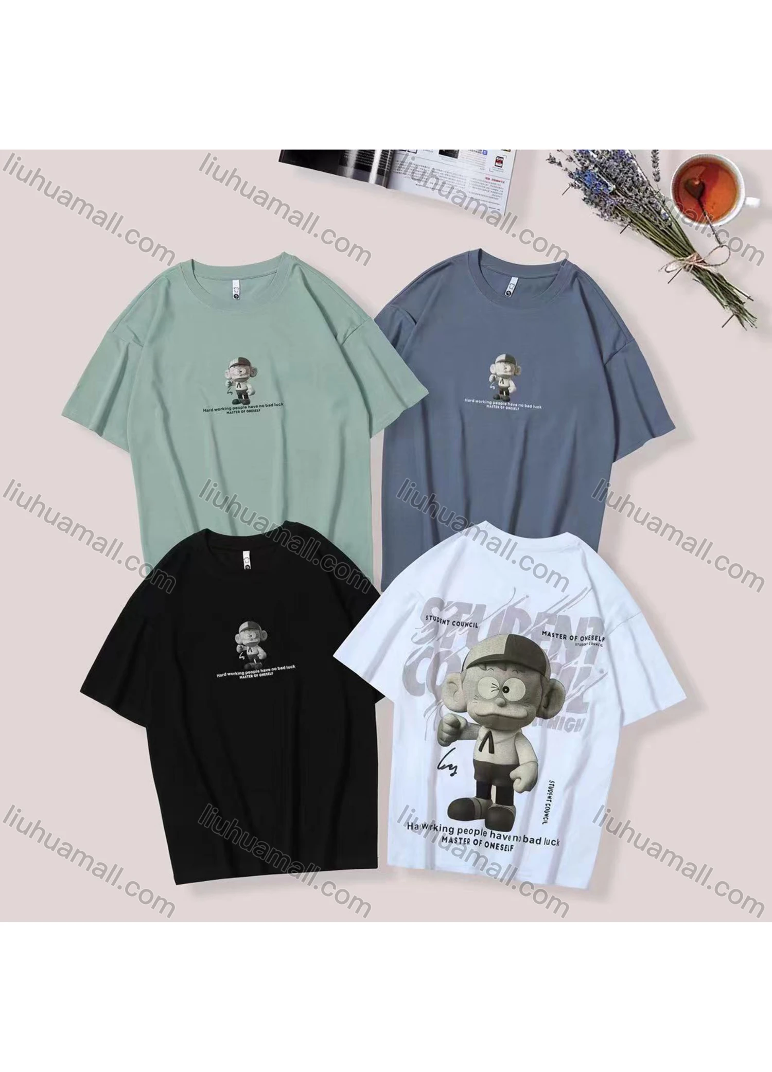 Wholesale Unisex's Men/Women Casual Letter & Cartoon Print Round Neck Short Sleeve Tee - Liuhuamall