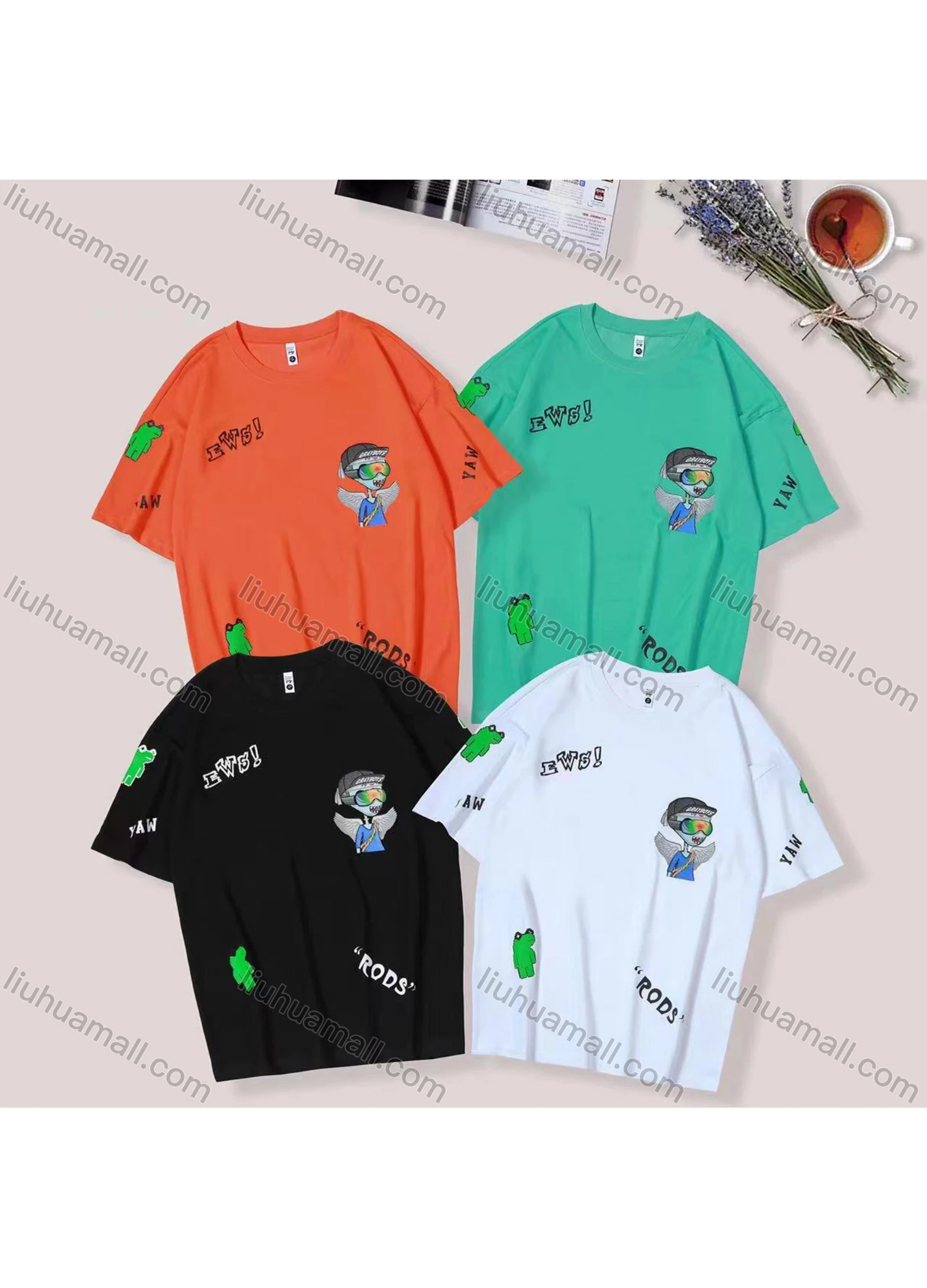Wholesale Unisex's Men/Women Casual Letter & Cartoon Print Round Neck Short Sleeve Tee - Liuhuamall