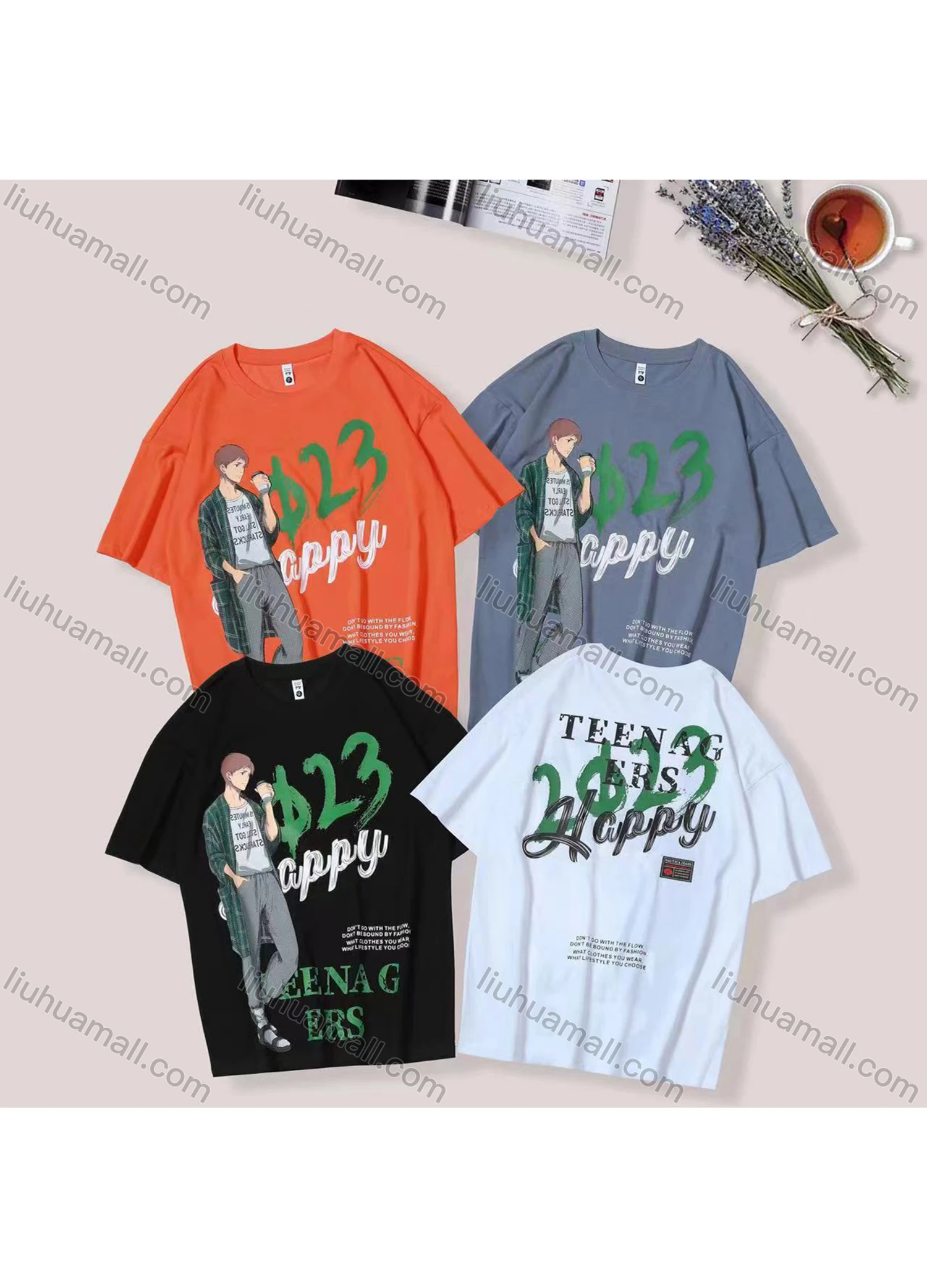 Wholesale Unisex's Men/Women Casual Letter & Cartoon Print Round Neck Short Sleeve Tee - Liuhuamall