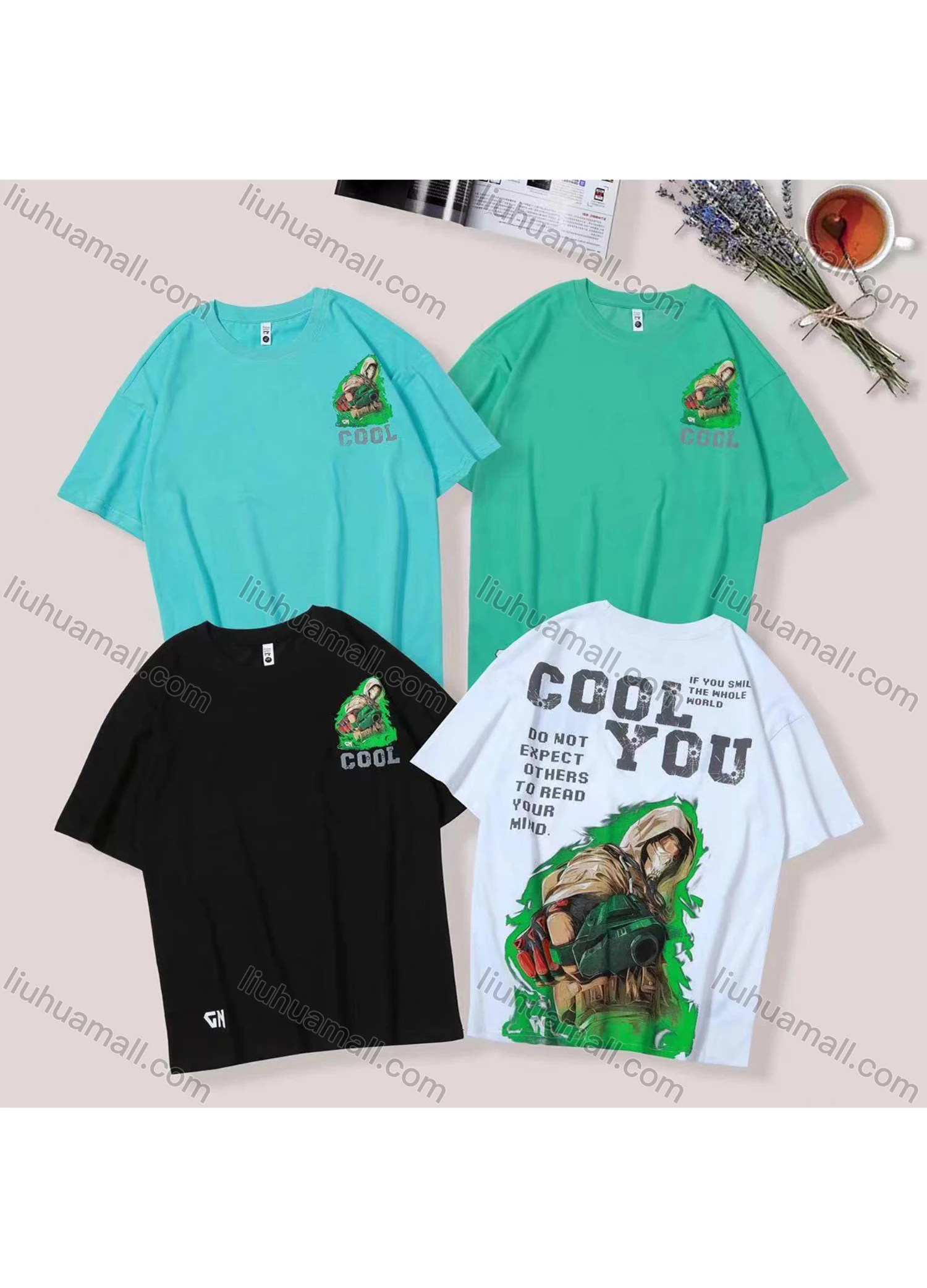 Wholesale Unisex's Men/Women Casual Letter & Cartoon Print Round Neck Short Sleeve Tee - Liuhuamall