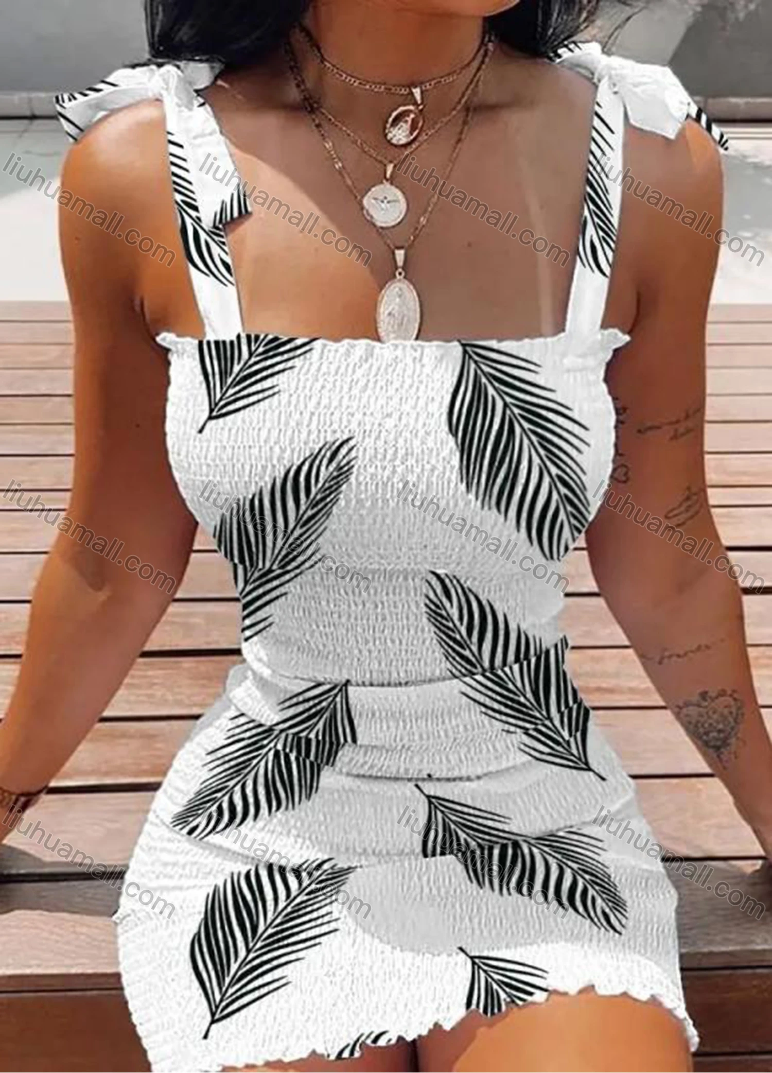 Wholesale Women's Sexy Plain & Floral Print Shirred Slim Fit Tie Straps Short Cami Dress - Liuhuamall