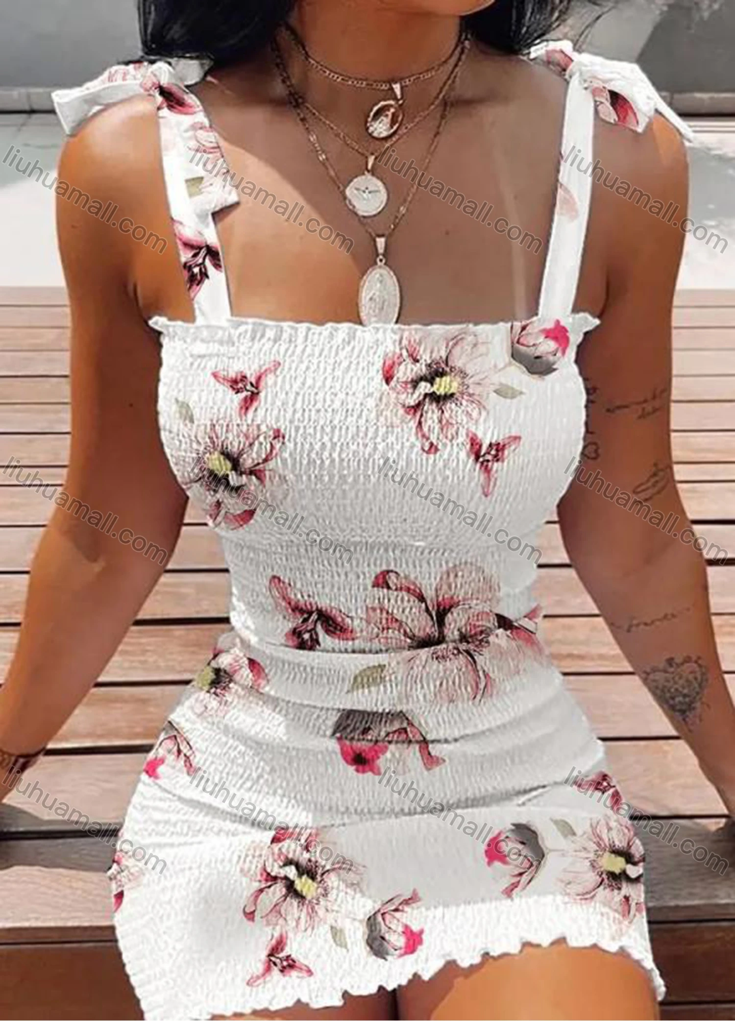 Wholesale Women's Sexy Plain & Floral Print Shirred Slim Fit Tie Straps Short Cami Dress - Liuhuamall