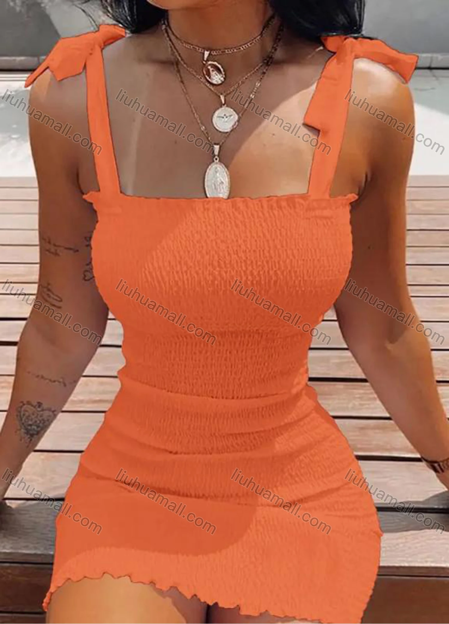 Wholesale Women's Sexy Plain & Floral Print Shirred Slim Fit Tie Straps Short Cami Dress - Liuhuamall