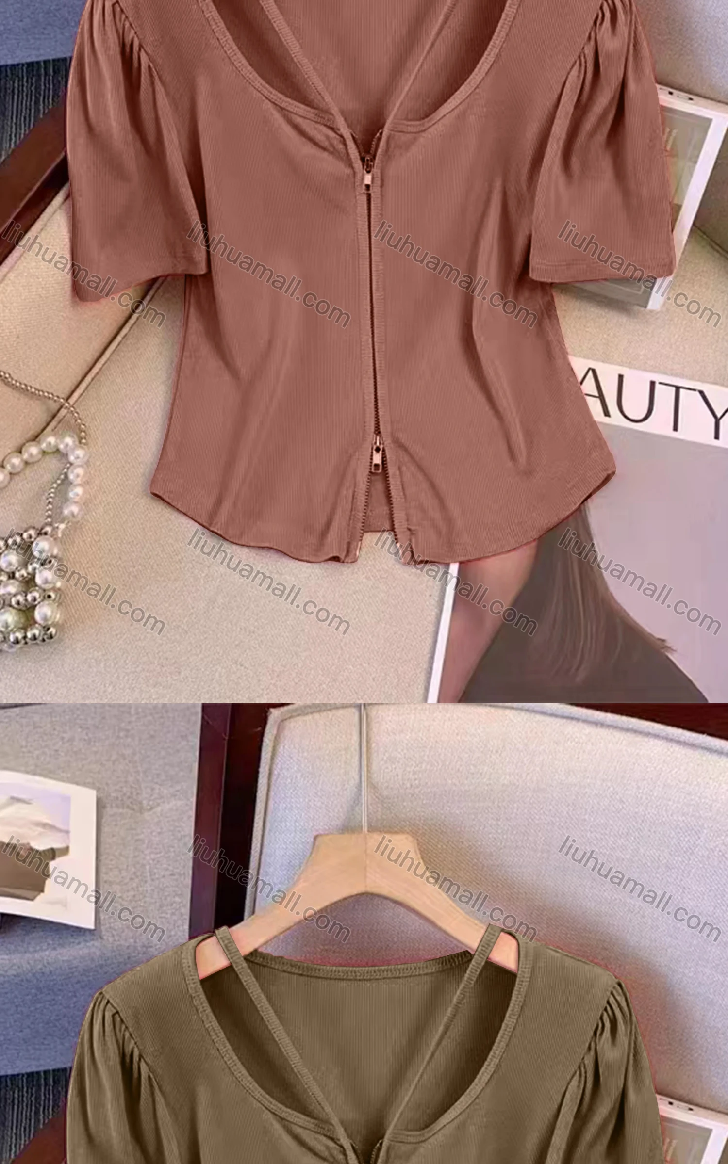 Wholesale Women's Casual Crew Neck Spaghetti Strap Ruched Curved Hem Zipper Top - Liuhuamall