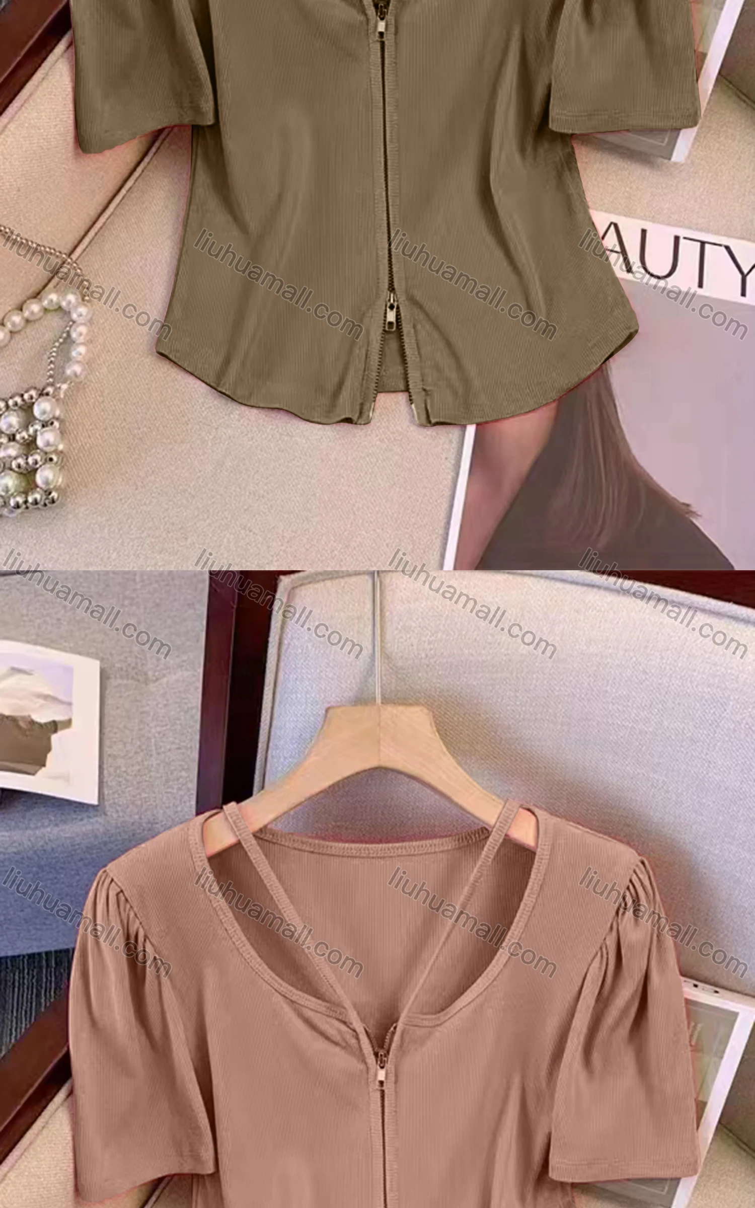 Wholesale Women's Casual Crew Neck Spaghetti Strap Ruched Curved Hem Zipper Top - Liuhuamall