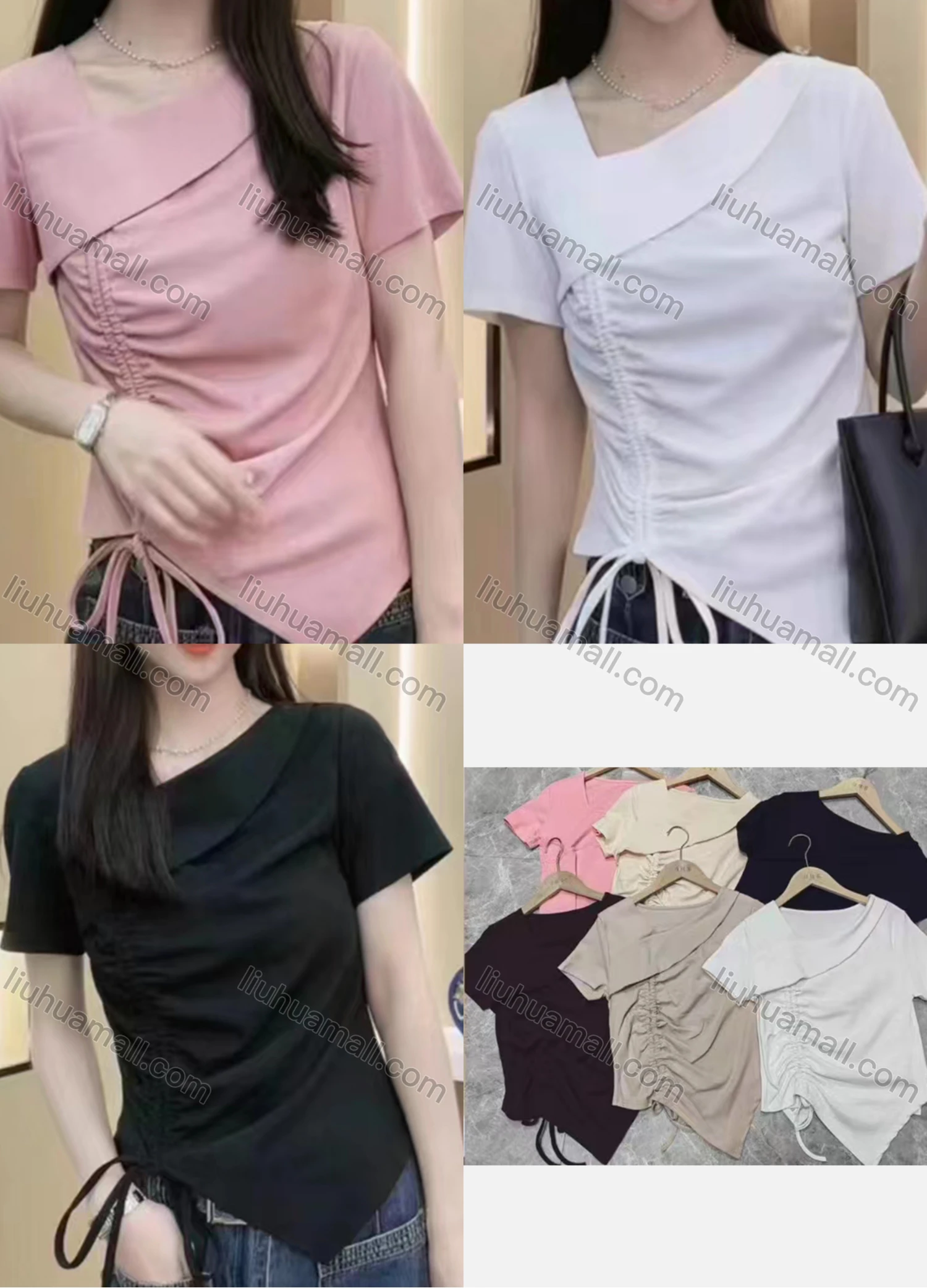 Wholesale Women's Casual Plain Asymmetrical Neck Short Sleeve Drawstring Top - Liuhuamall