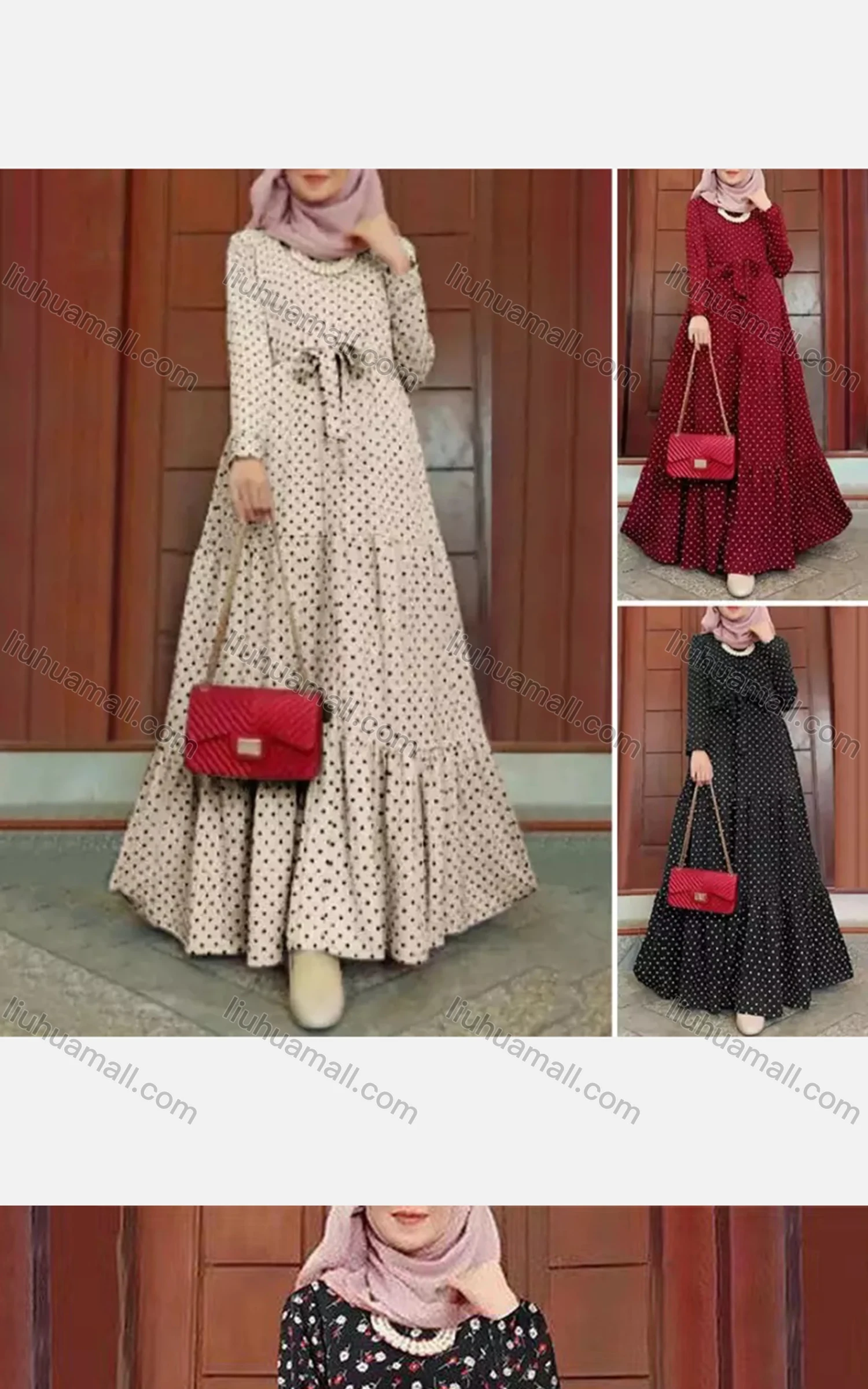 Wholesale Women's Islamic Muslim Tie Front Floral Polka Dot Tiered Floor Length Dress - Liuhuamall