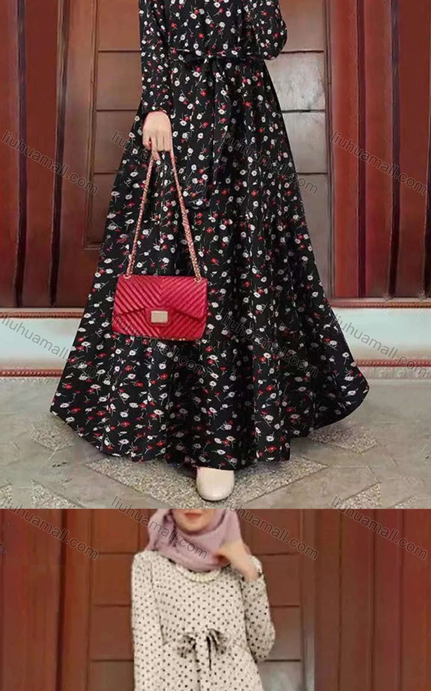 Wholesale Women's Islamic Muslim Tie Front Floral Polka Dot Tiered Floor Length Dress - Liuhuamall