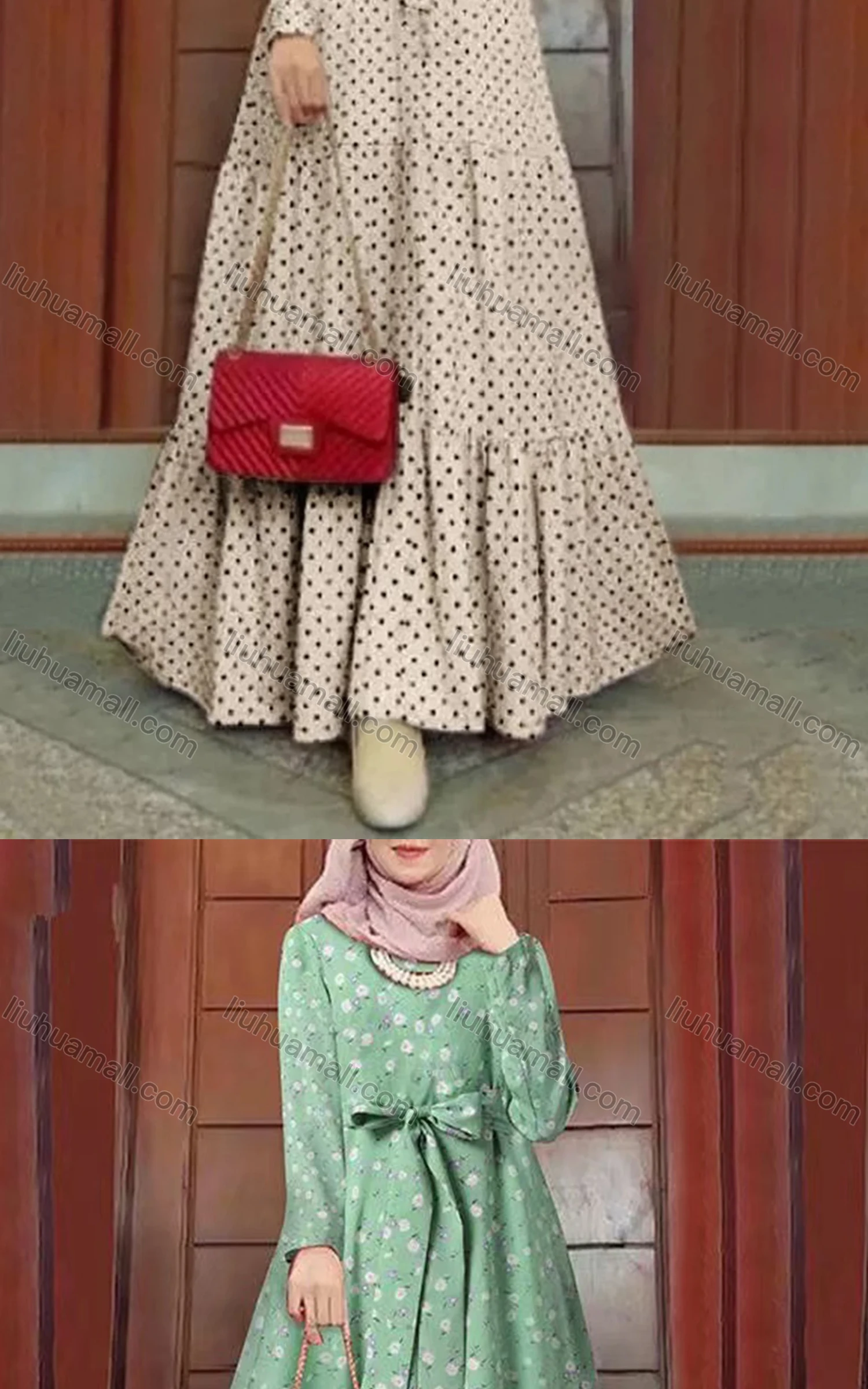 Wholesale Women's Islamic Muslim Tie Front Floral Polka Dot Tiered Floor Length Dress - Liuhuamall