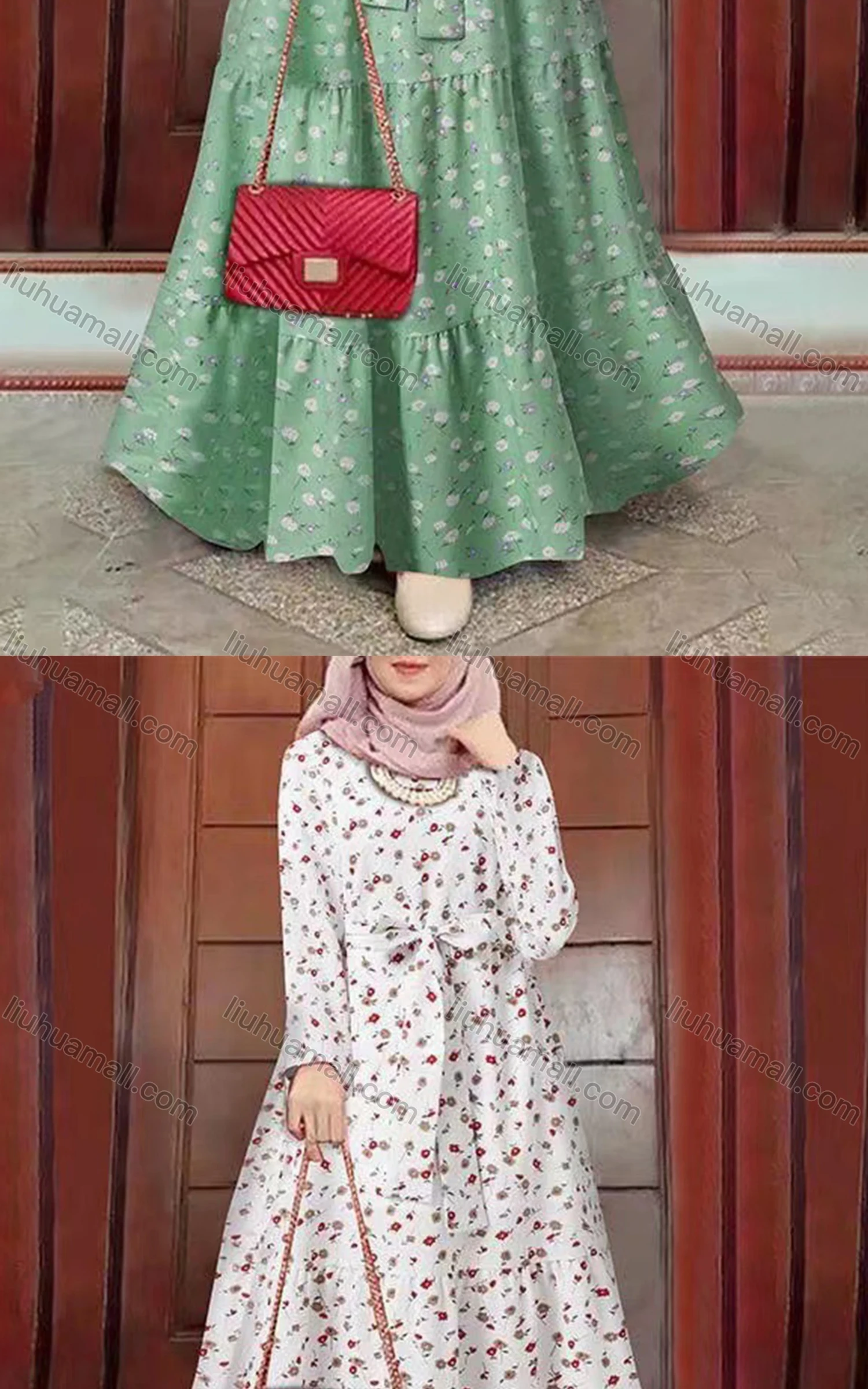 Wholesale Women's Islamic Muslim Tie Front Floral Polka Dot Tiered Floor Length Dress - Liuhuamall